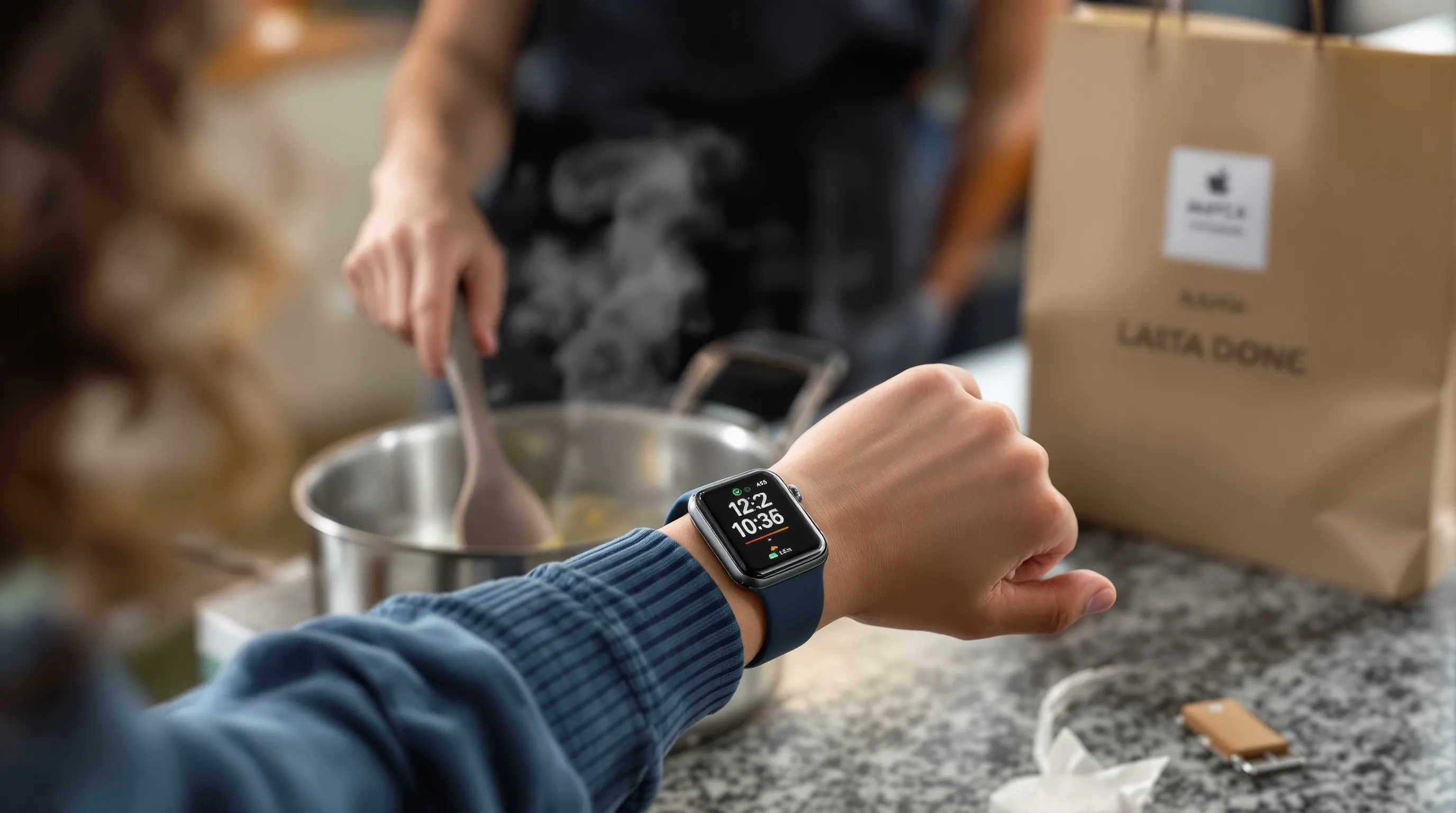 Student checks refurbished Apple Watch Series 7 timer while cooking.