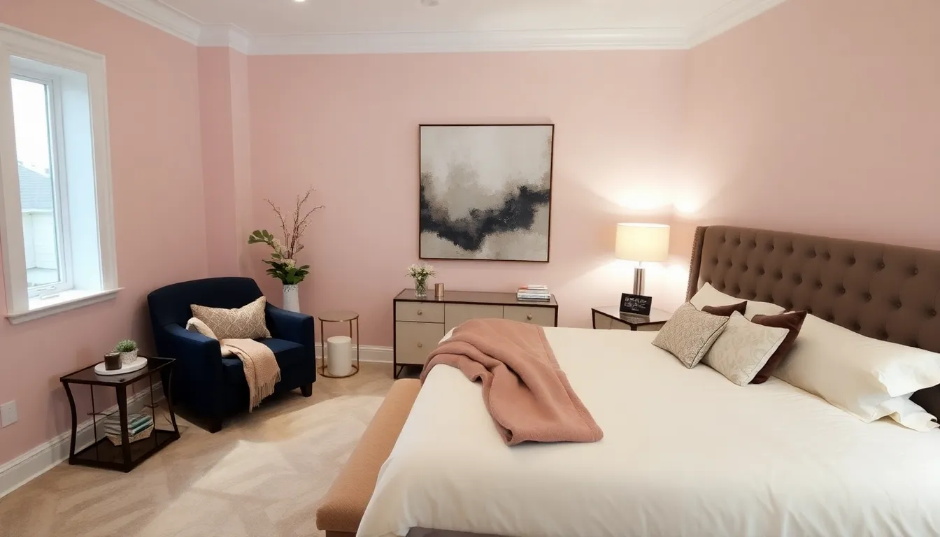 a cozy, romantic bedroom with soft colors and elegant furniture.