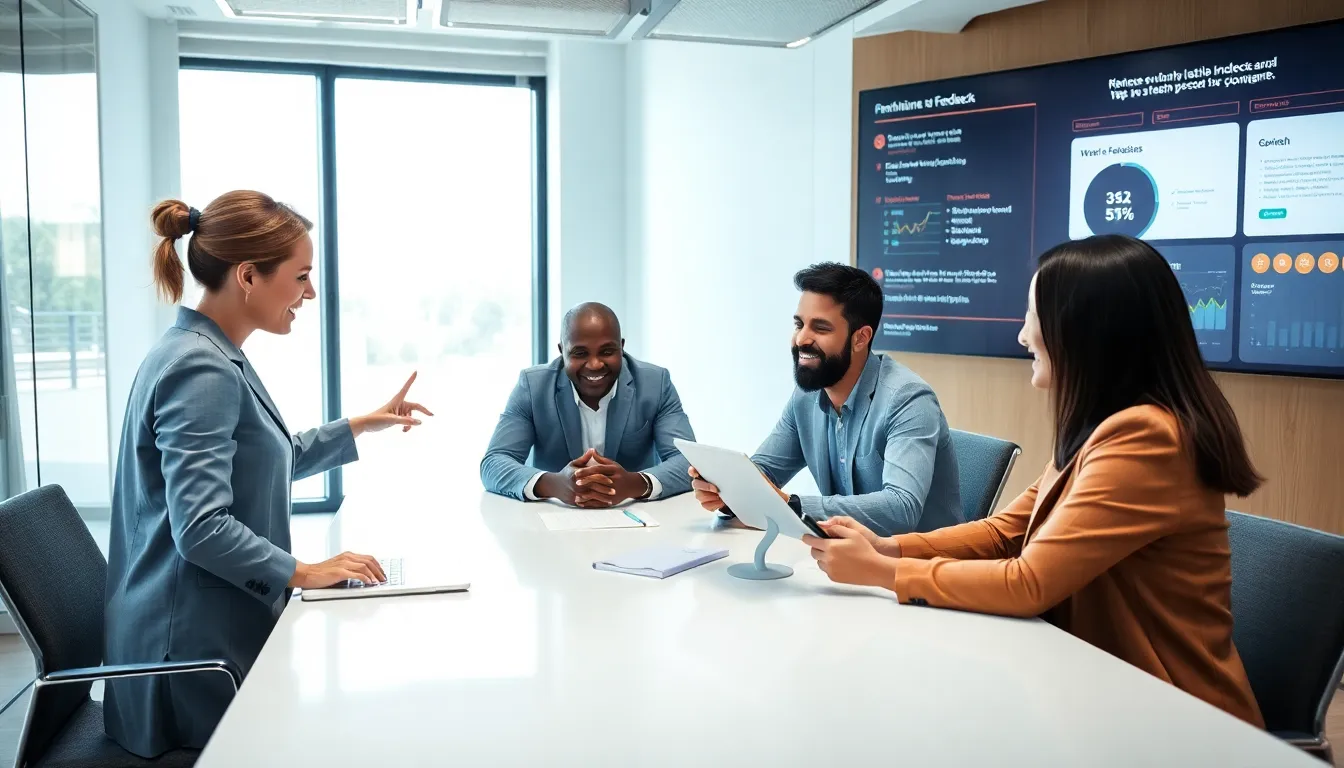 Diverse team discussing in a modern office setting.