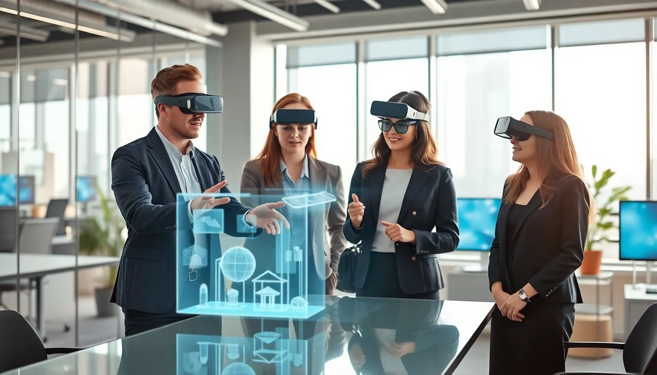 professionals demonstrating mixed reality in a modern office setting.