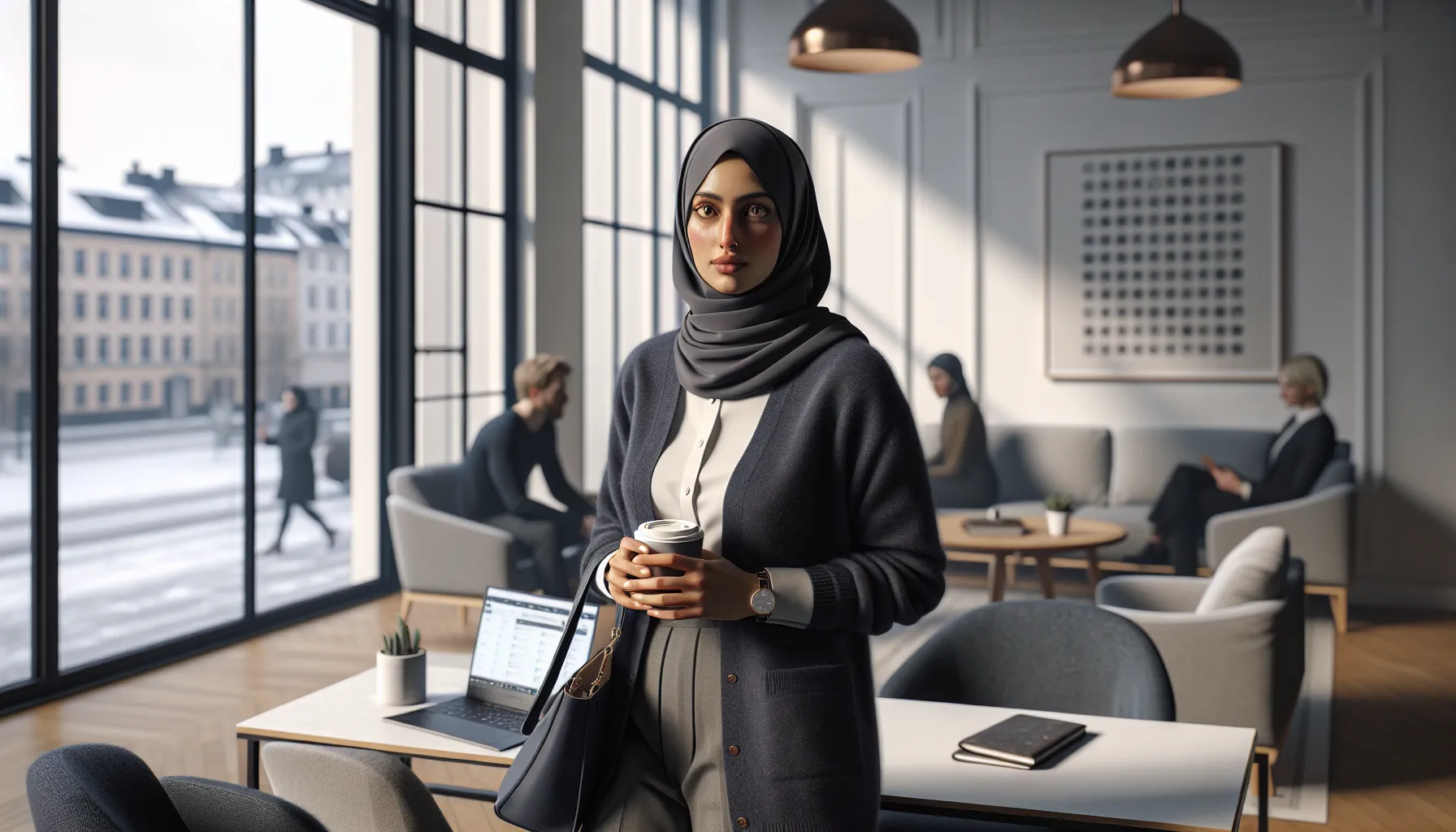 Hva er minoritetsstress? Den usynlige byrden som påvirker psykisk helse 2 Young norwegian muslim woman scans a modern office, tense and vigilant.