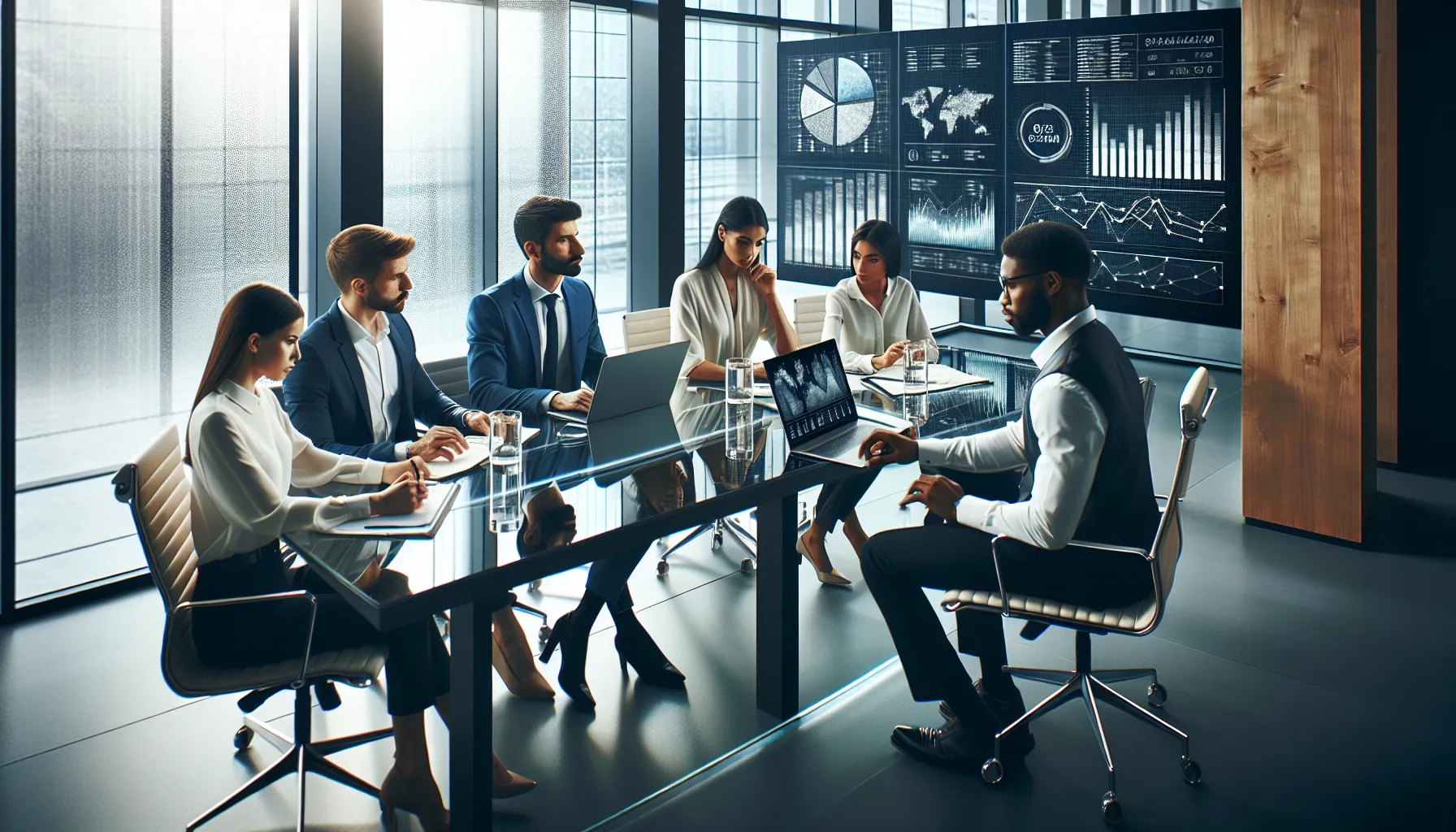 diverse team discussing data analytics in a modern office.
