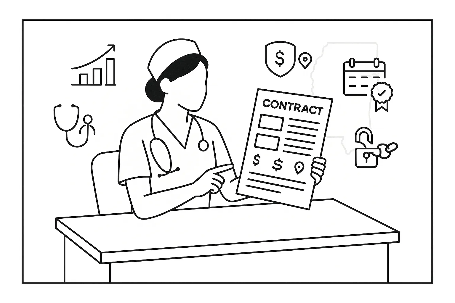 Nurse practitioner reviewing a contract with icons for pay, liability, and restrictions.