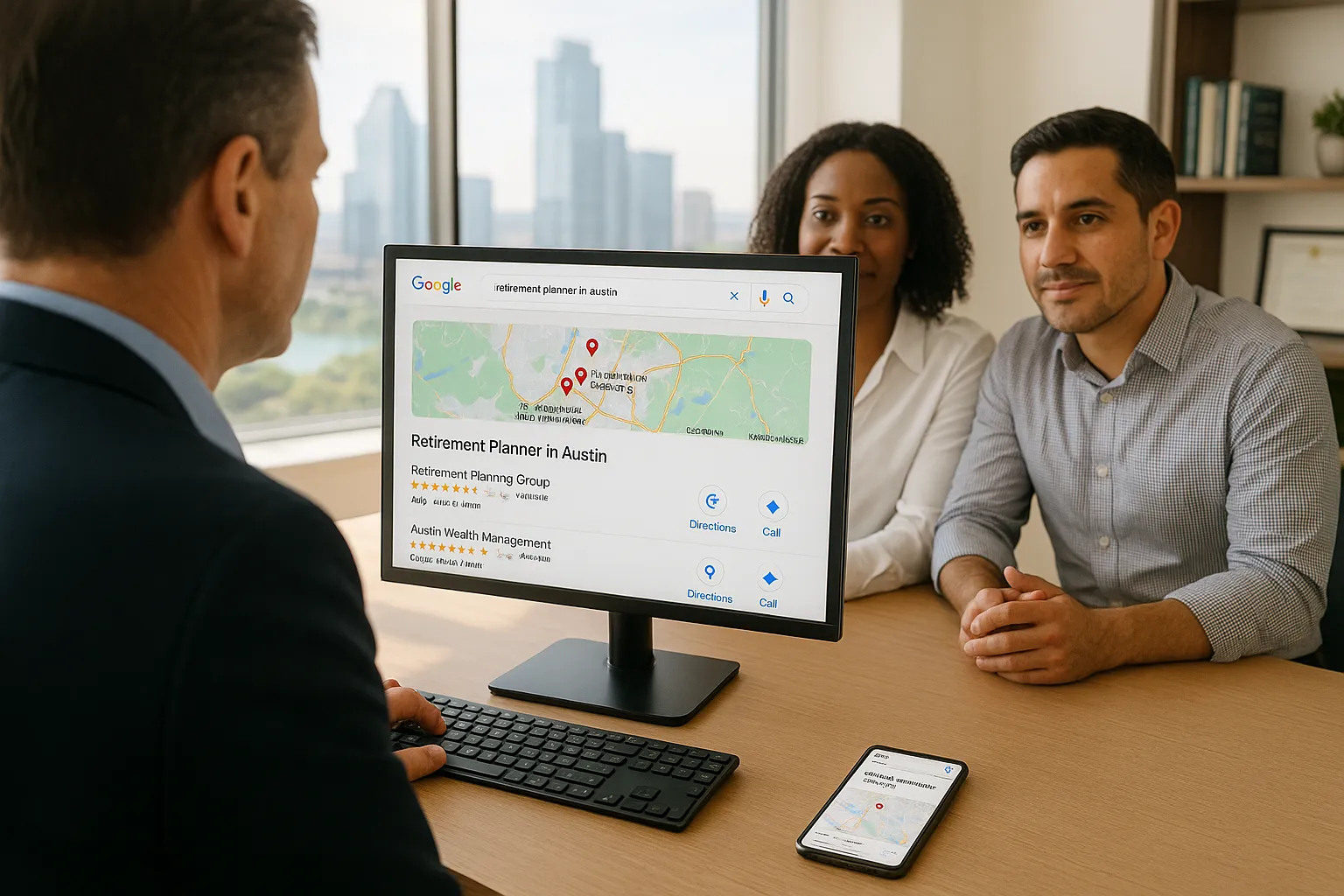 Financial advisor showing local search results to clients in an Austin office.