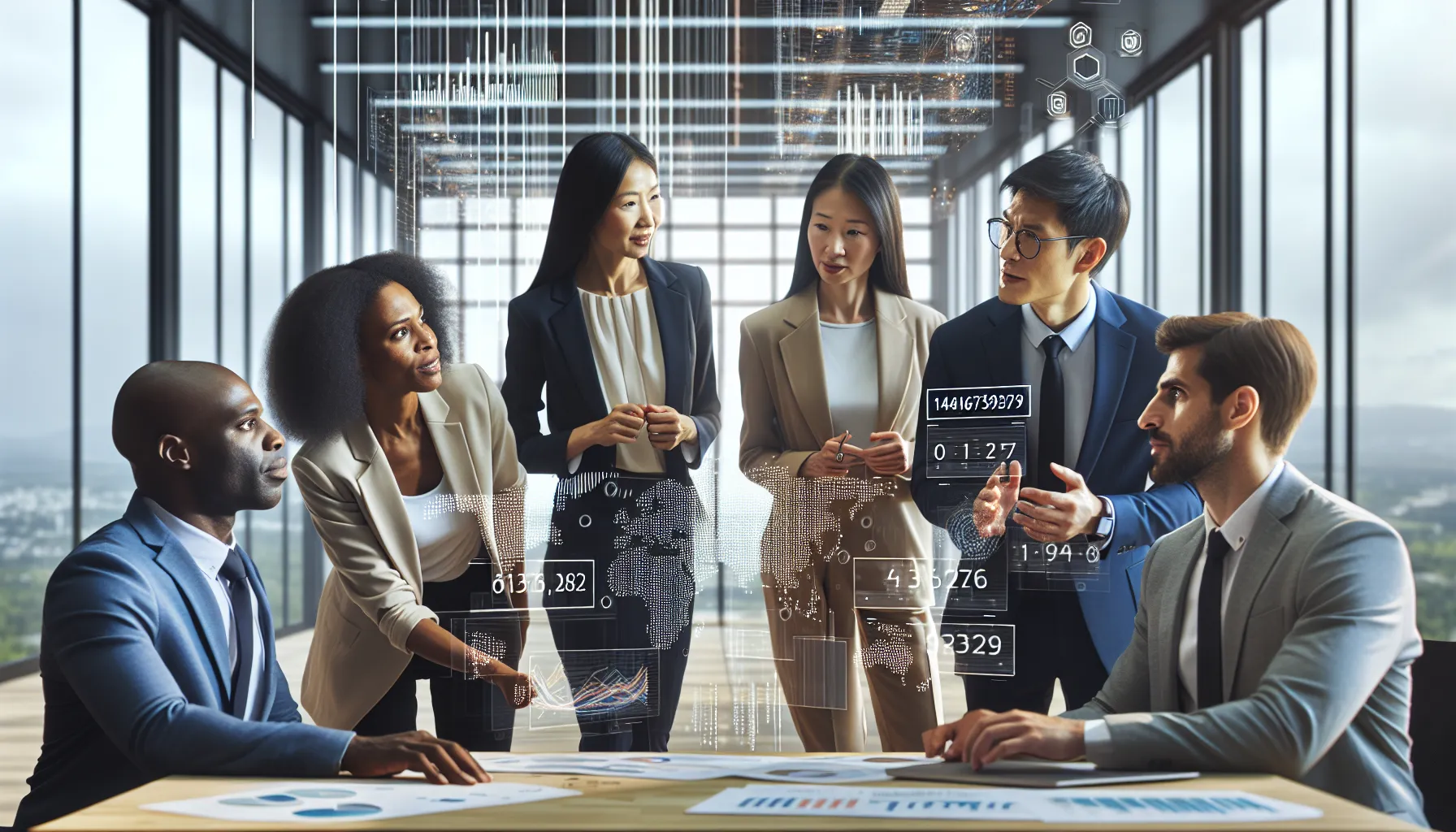 diverse professionals discussing a numerical sequence in a modern office.