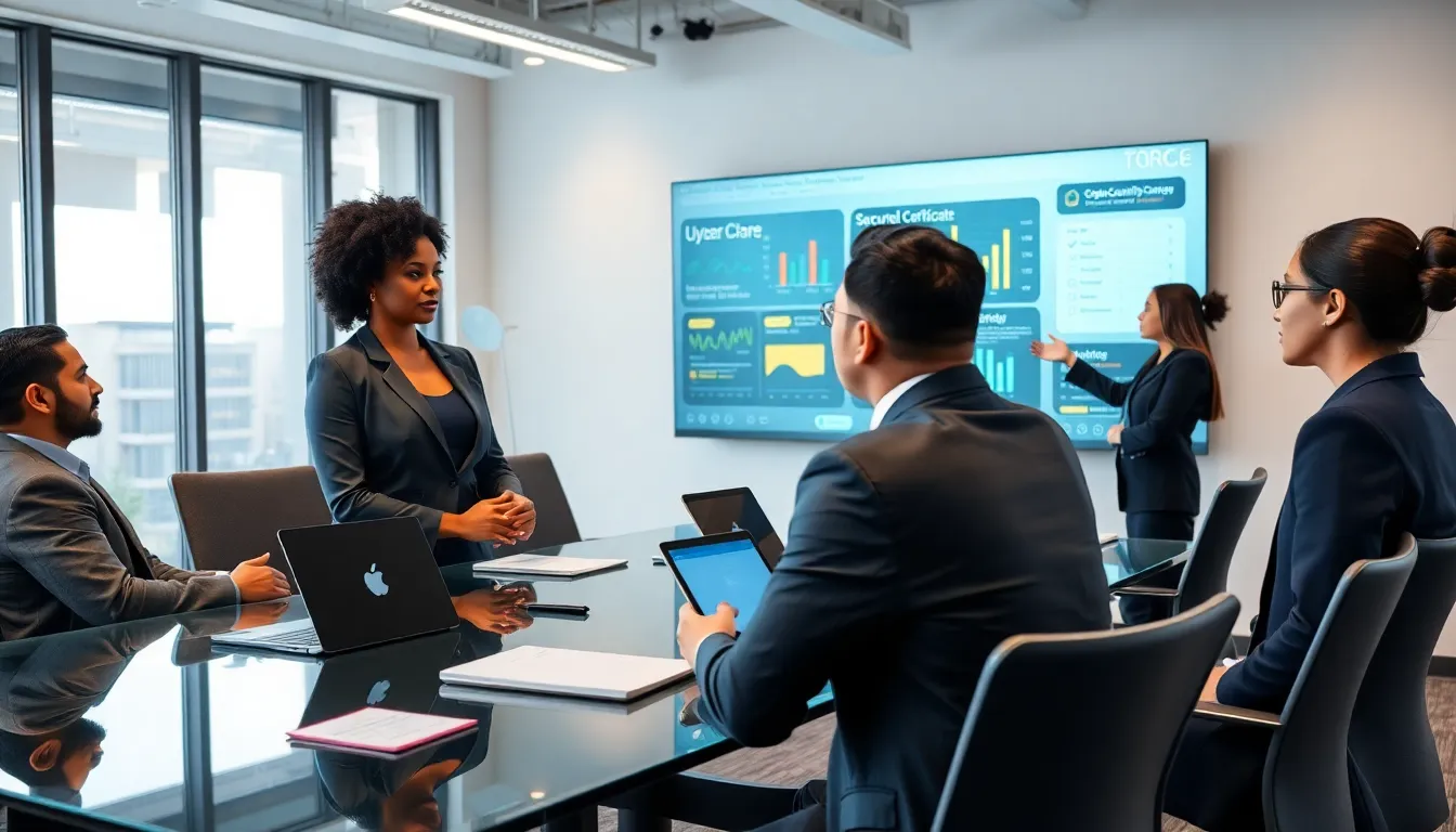 diverse team engaged in a cybersecurity training session in a modern office.