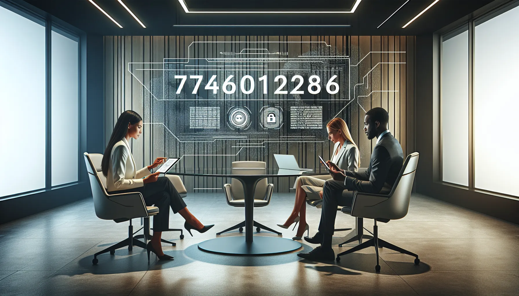 professionals discussing digital code '7746018286' in a modern office.