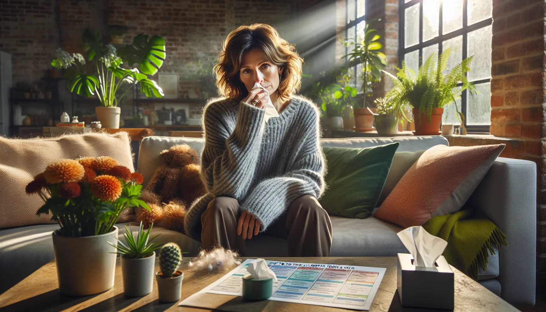 A woman with allergies sits in a sunlit room surrounded by allergens.
