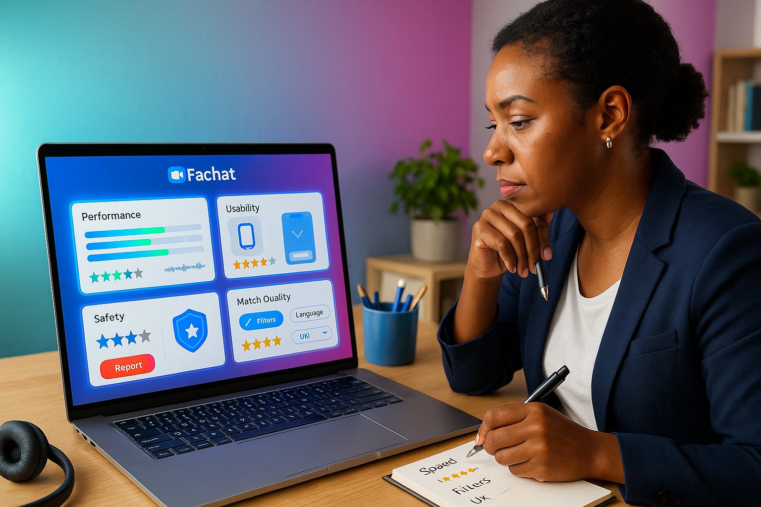 Tech reviewer evaluating Fachat dashboard with four criteria on laptop screen.