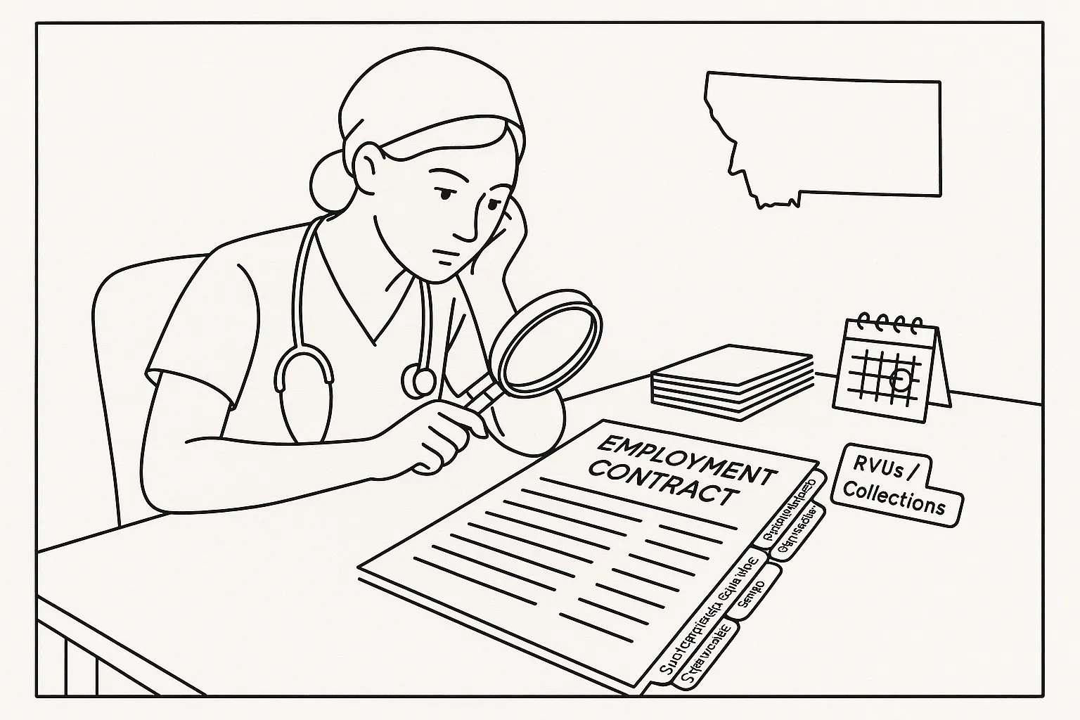Nurse practitioner examining an employment contract with a magnifying glass.