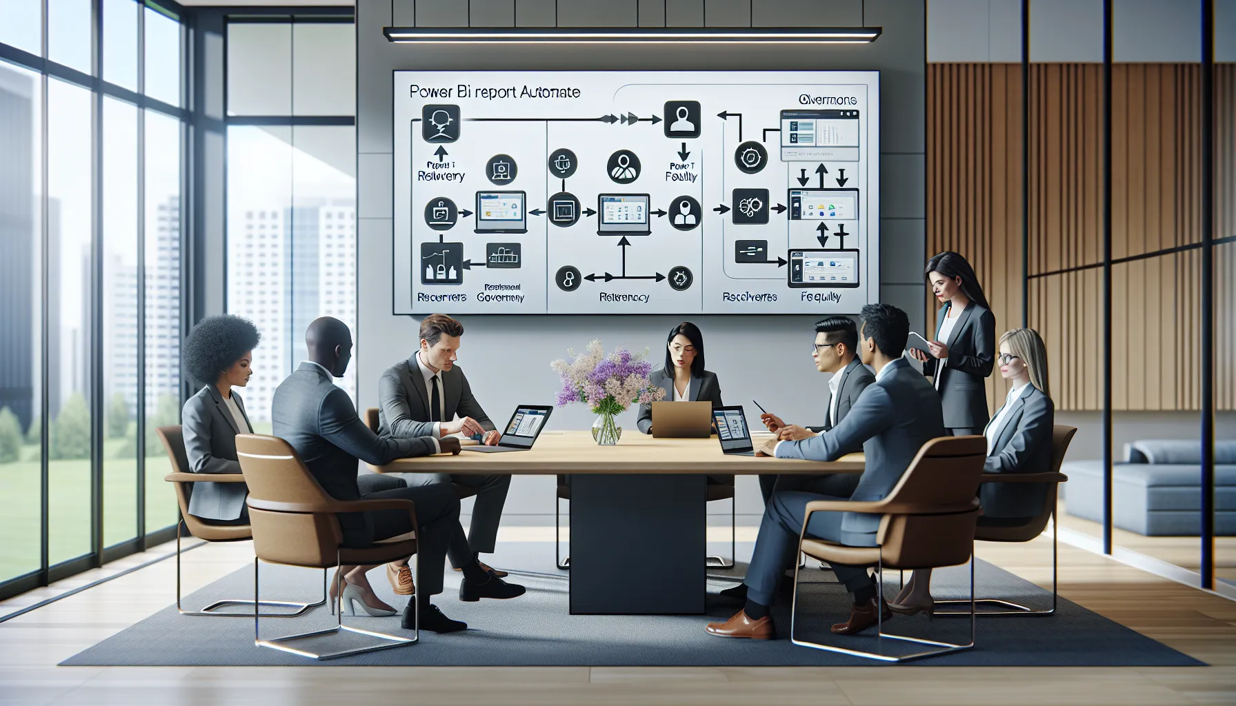 Data professionals planning automated Power BI report delivery workflows in a modern office.