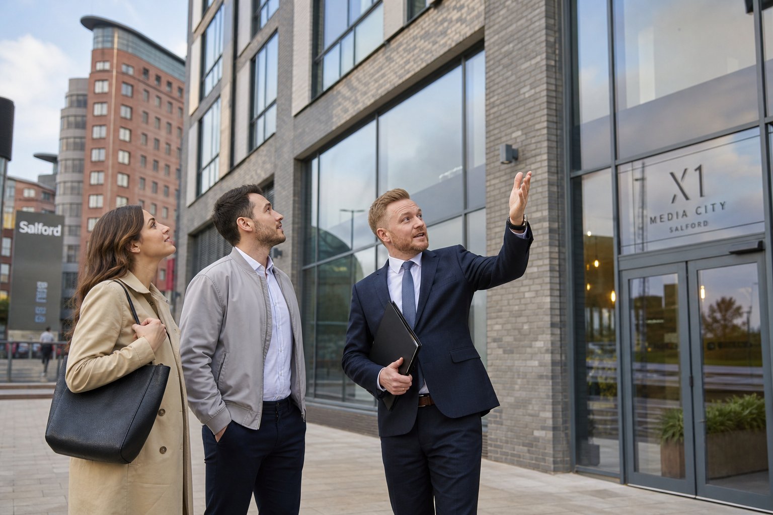 Mortgage broker and clients discussing a commercial property outside a modern building in Salford during daylight.