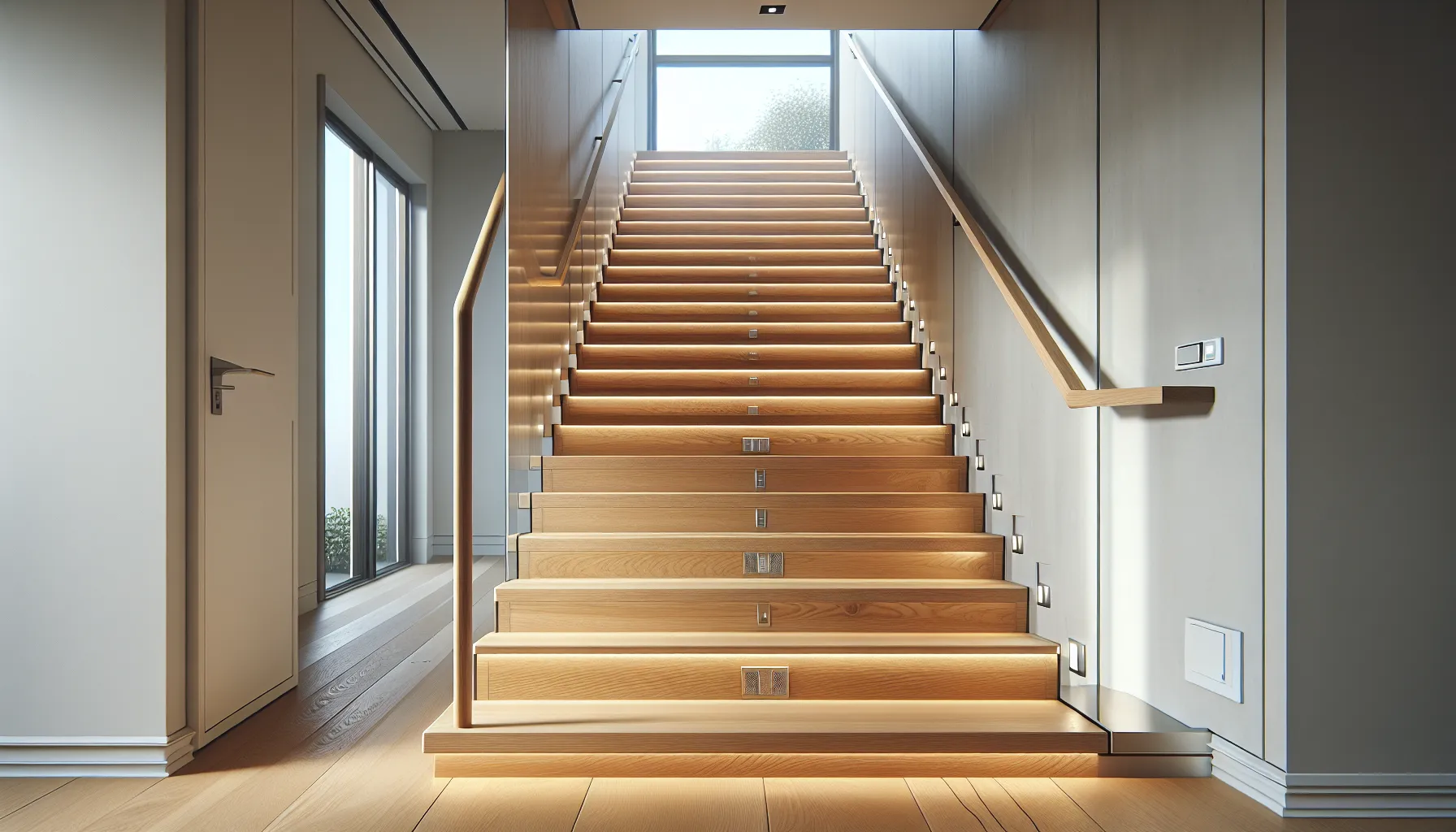 Hvordan velge riktig trappemateriale for både estetikk og sikkerhet 3 Norwegian staircase with matte oak steps, anti-slip strips, handrail, and step lights.