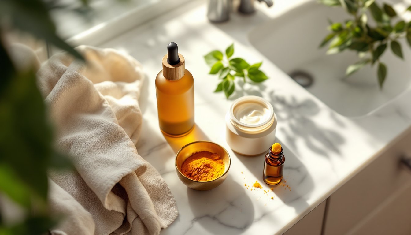 Minimalist skincare bottles on marble counter with turmeric and tulsi in sunlight.