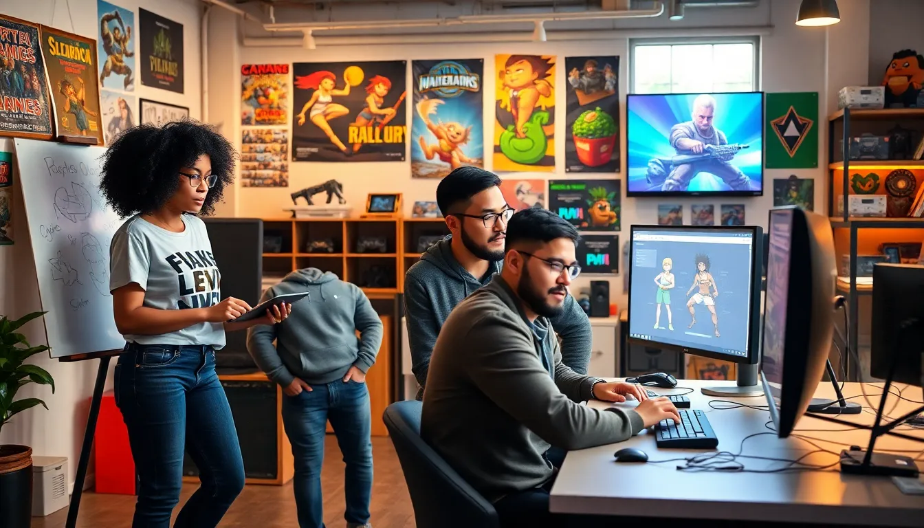 a diverse team of game developers collaborating in a modern studio.