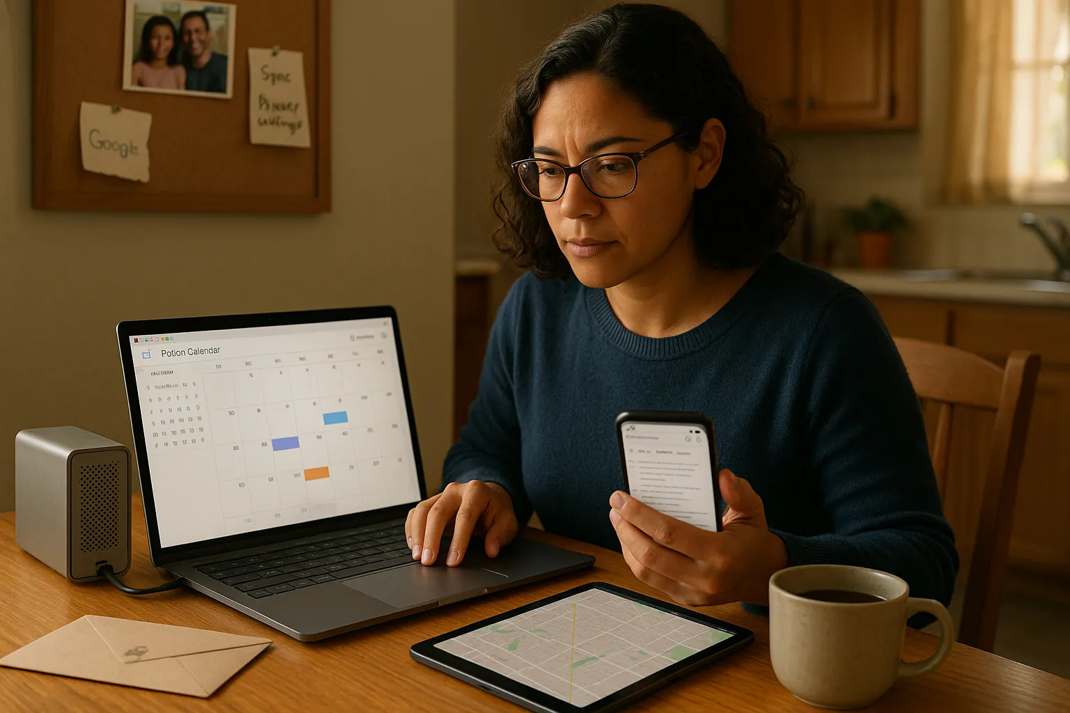 Person switching family calendar to Proton Calendar with privacy-focused devices nearby.