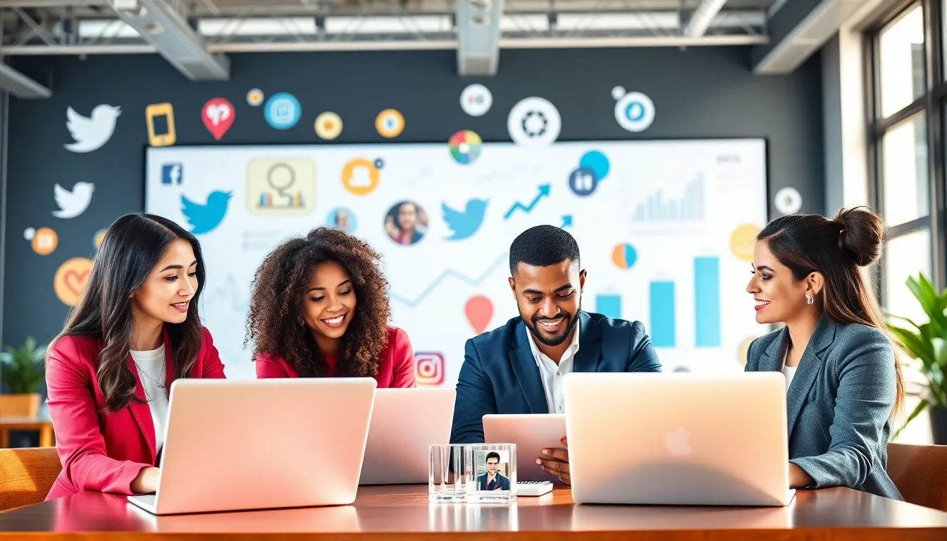 professionals analyzing social media trends in a modern office.