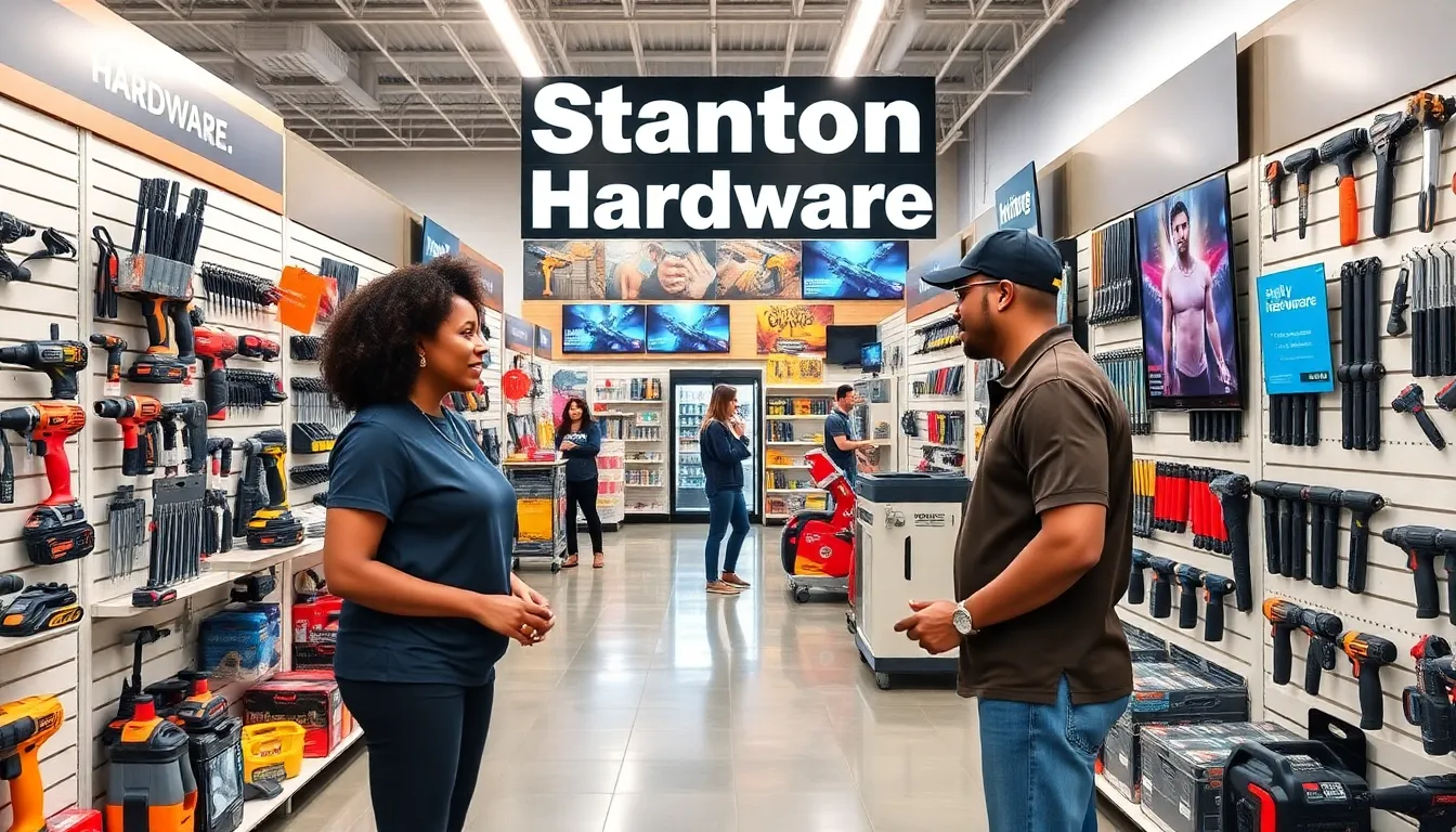 diverse team assisting customers in a modern hardware store.