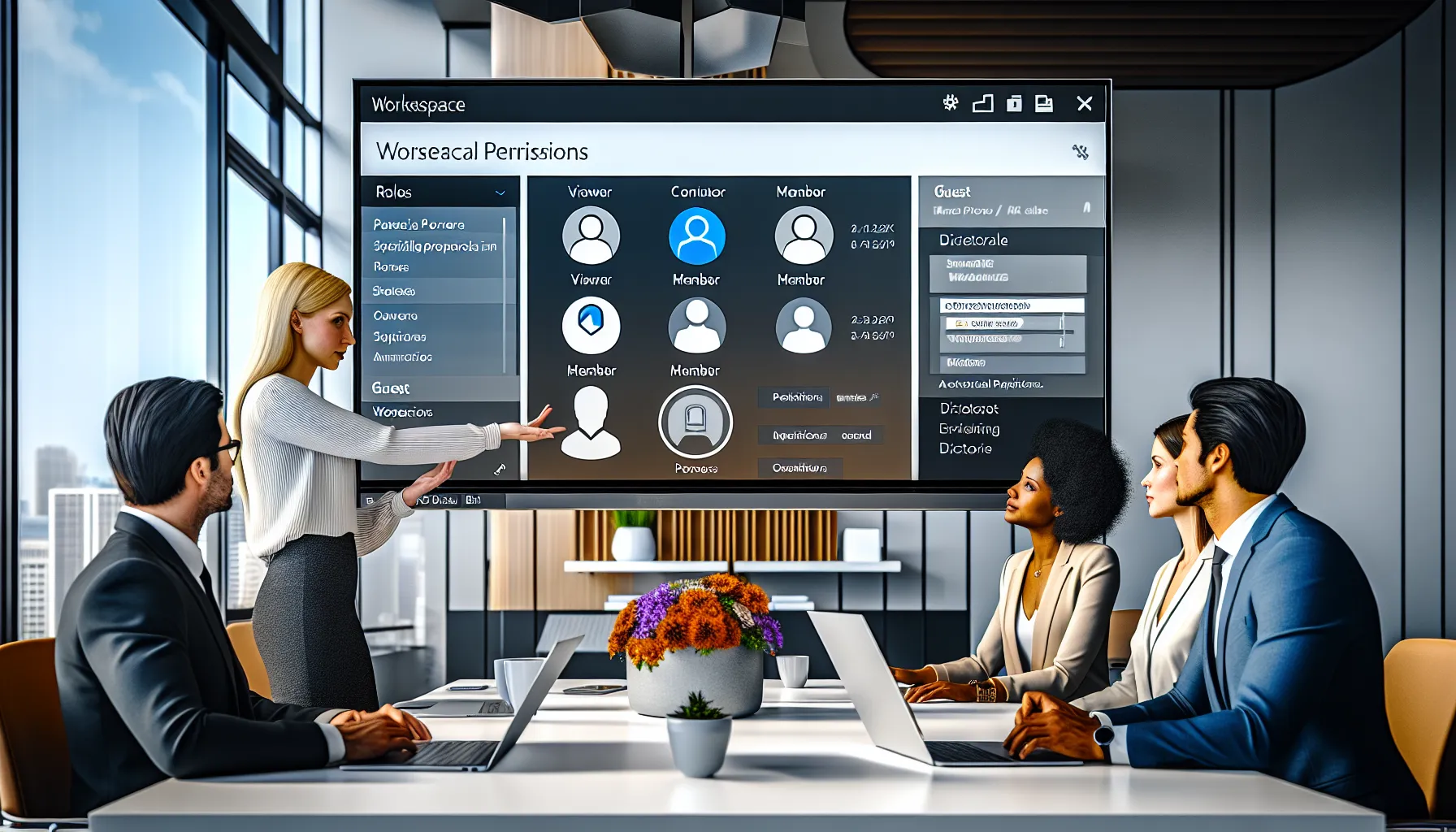 IT professionals configure Power BI workspace permissions and test external guest access in office.