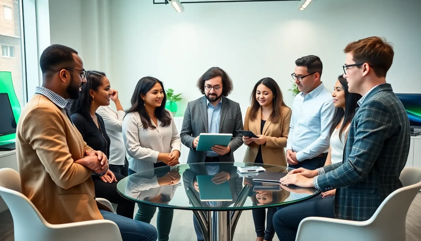 diverse professionals collaborating in a modern tech workspace.
