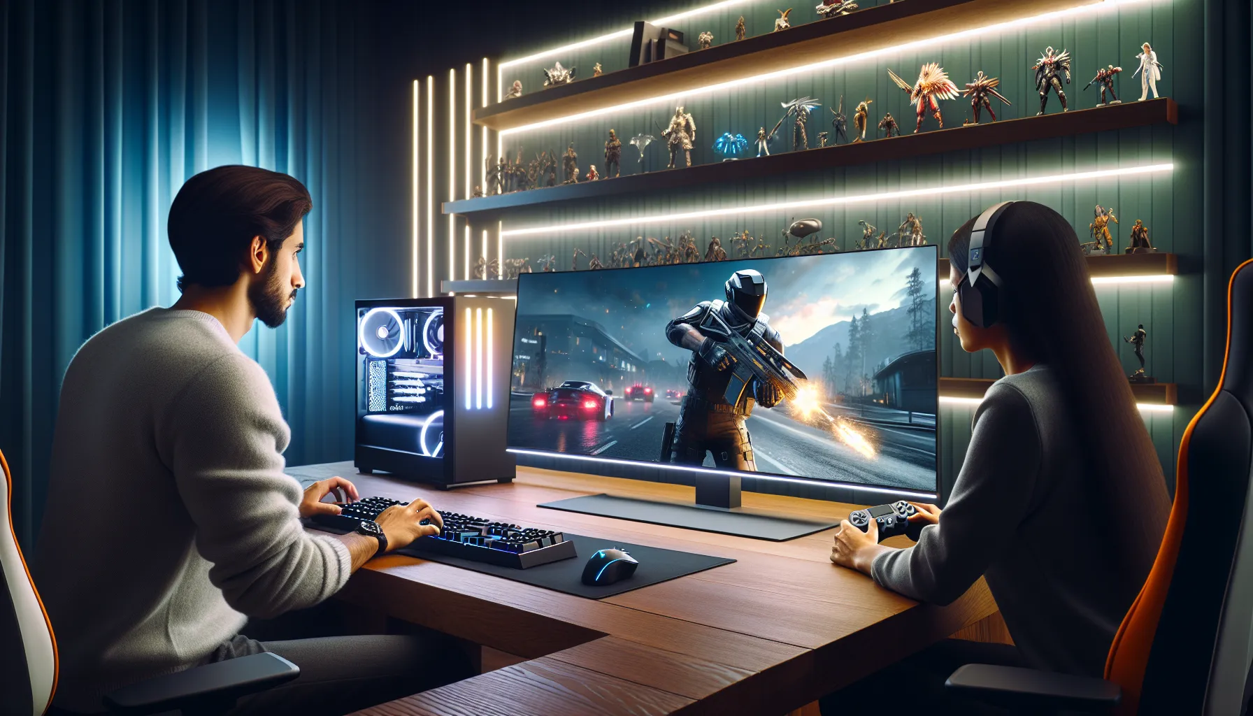 a diverse gaming duo optimizing settings at a modern gaming desk.