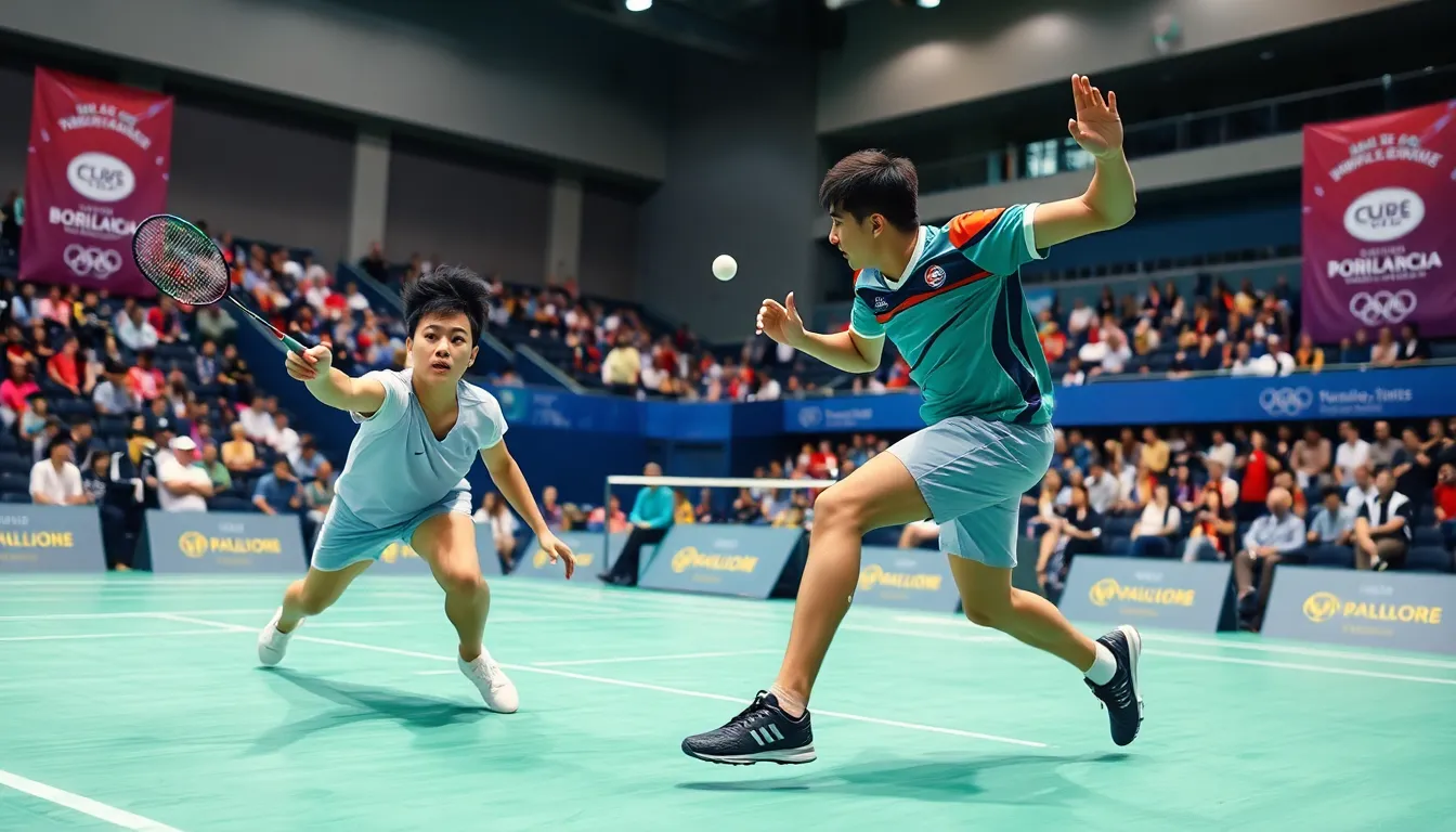 action-packed badminton match in an indoor arena.