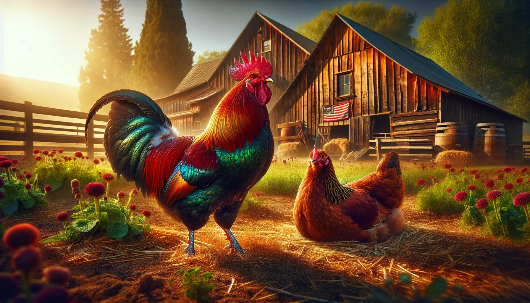 a rooster standing proudly beside a hen in a sunny farmyard.