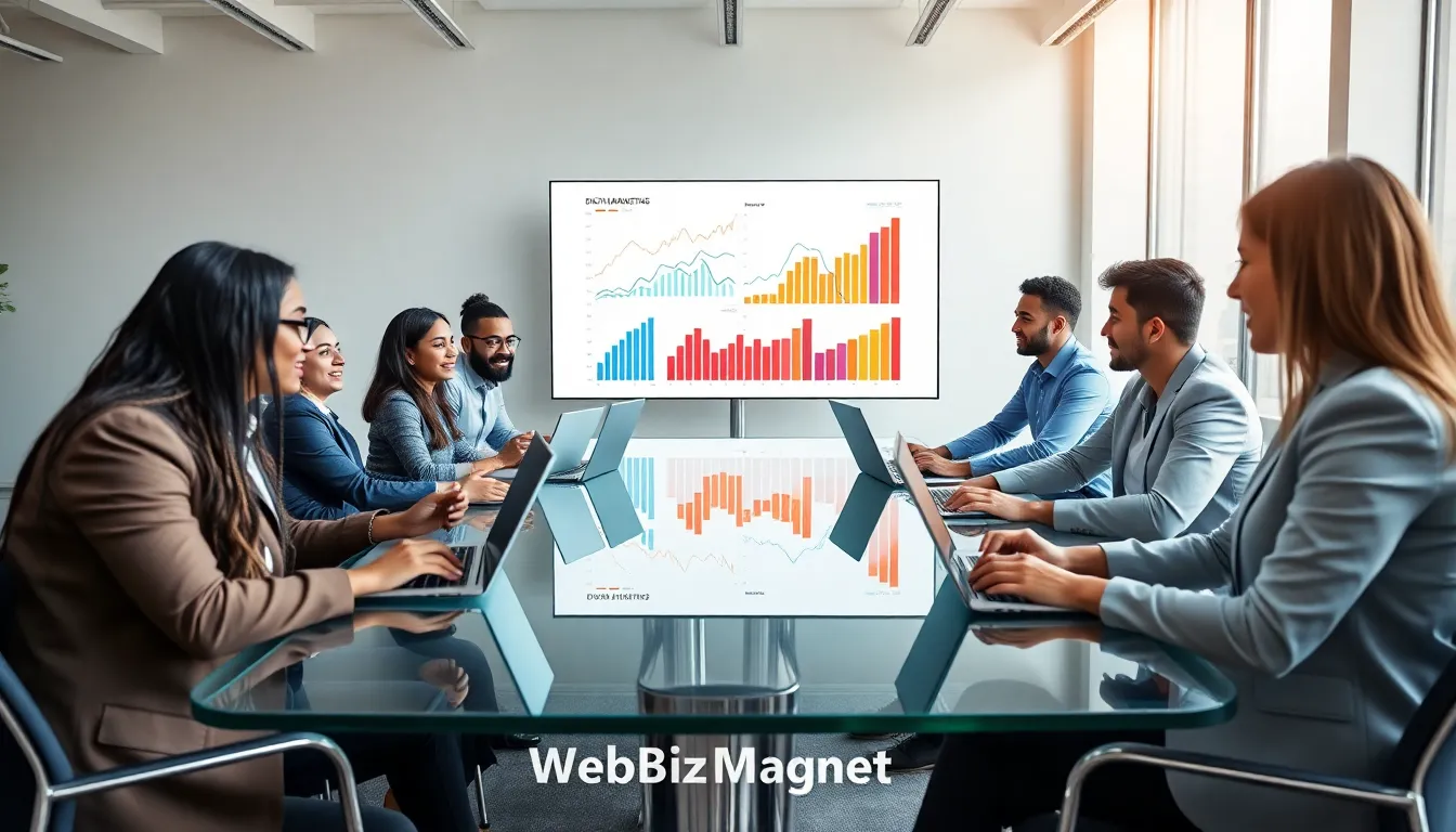diverse team collaborating on digital marketing strategies in an office.
