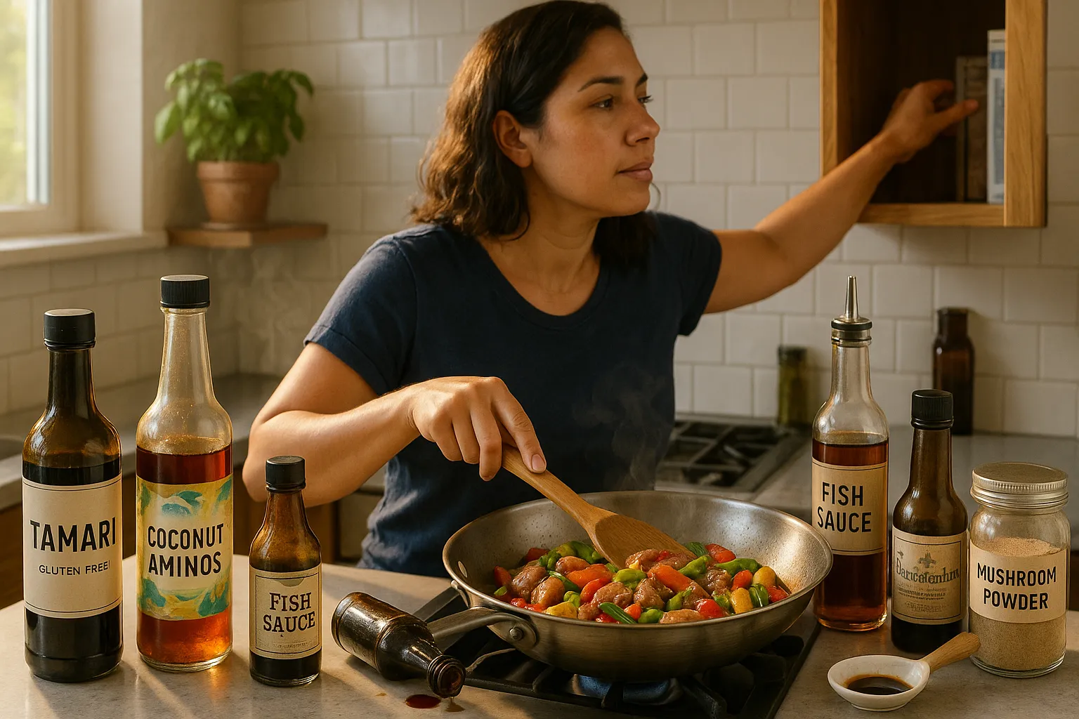 Home cook reaching for tamari and coconut aminos while stir-fry simmers.