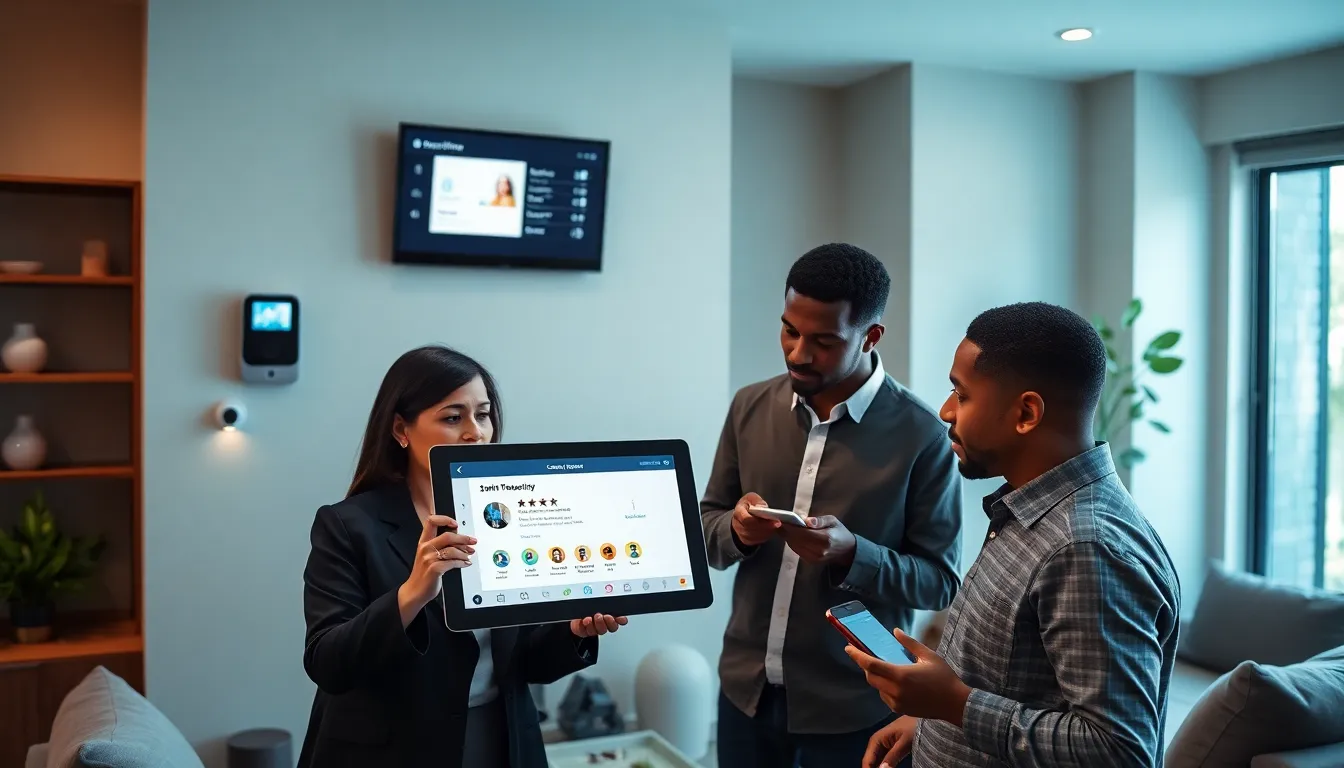 diverse team reviewing Smith Thompson home security system in a modern living room.