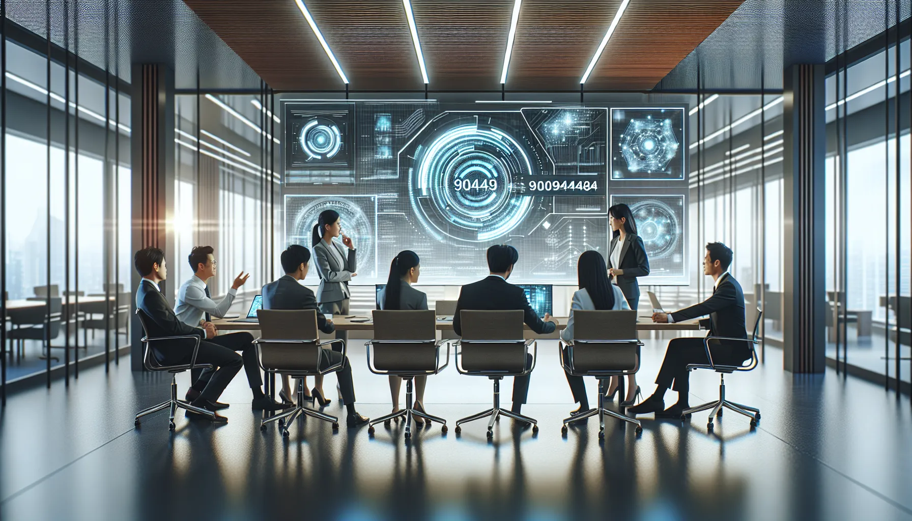 diverse team collaborating on technology with an identifier displayed.