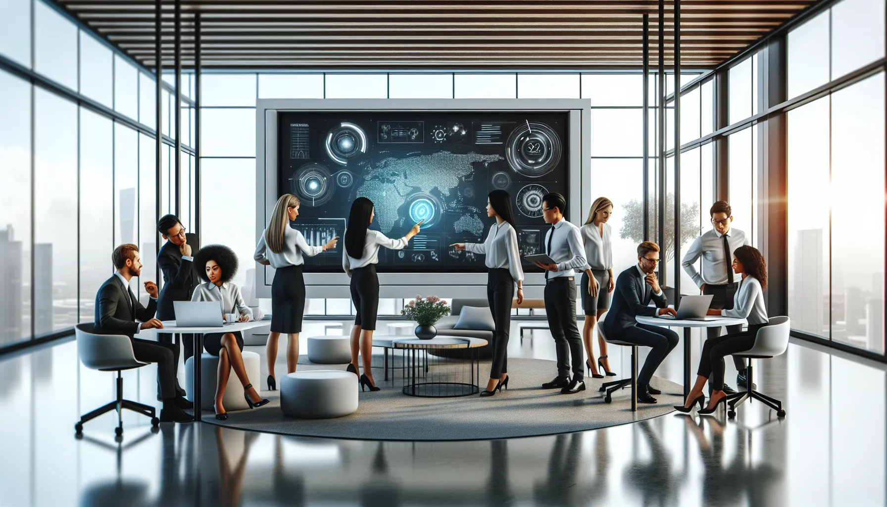 diverse professionals collaborating in a modern office setting.