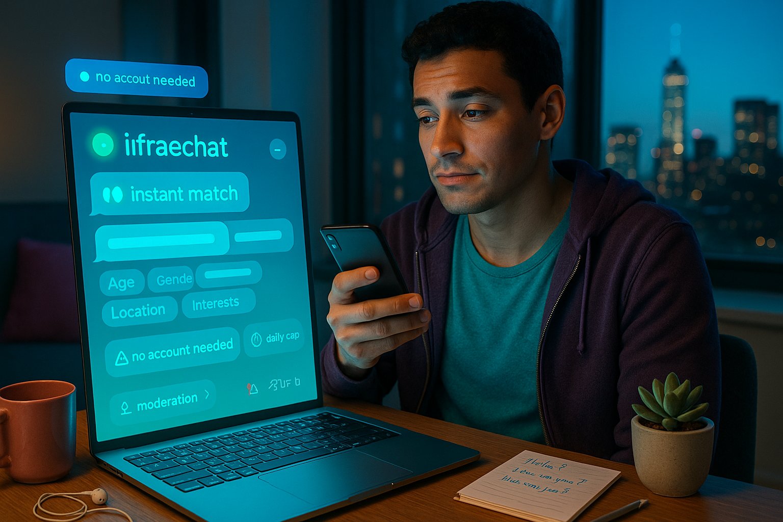Person using ifreechat on phone and laptop with branded blue and pink accents.