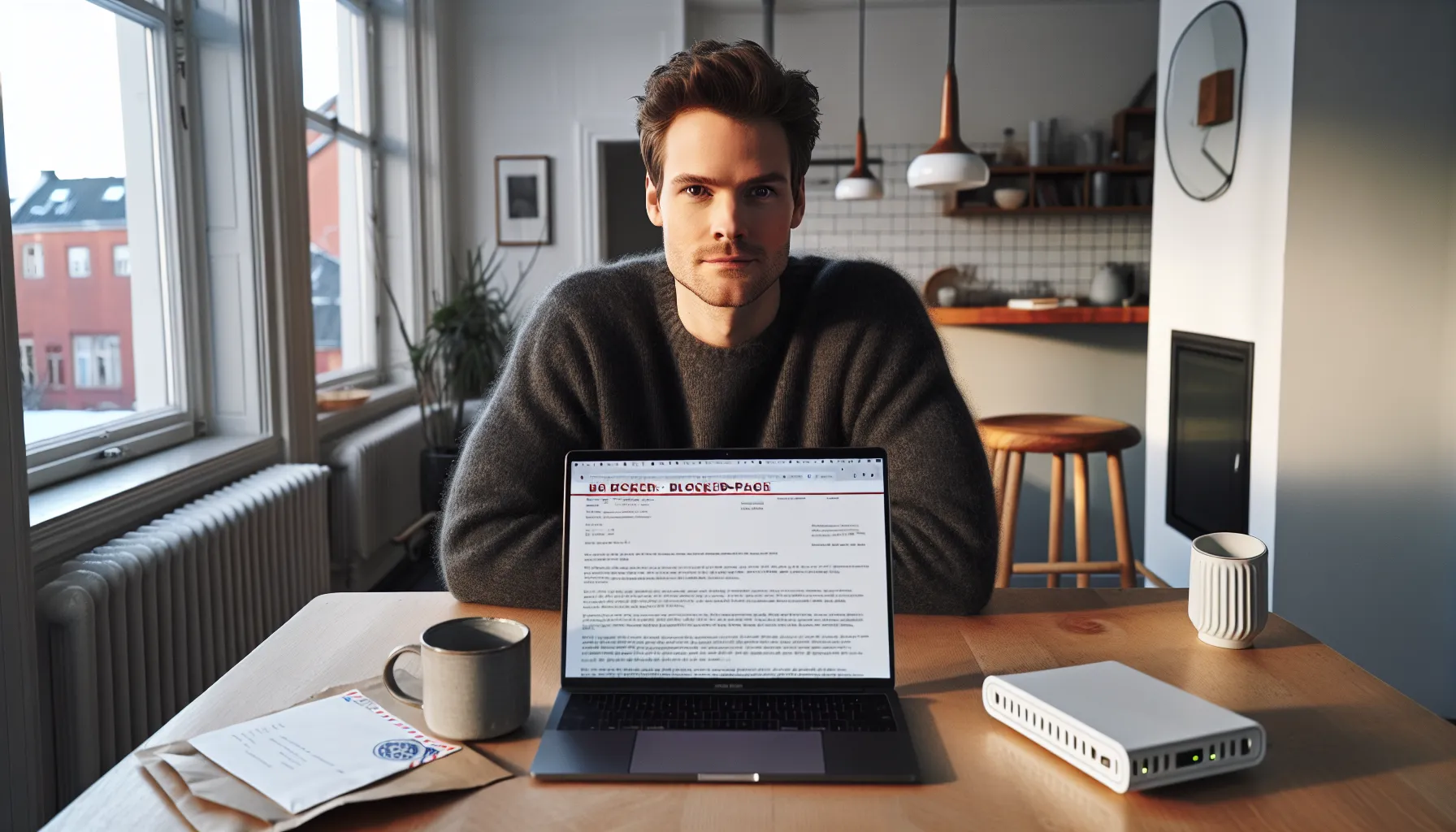 Norwegian man reads piracy warning letter beside laptop with blocked site.