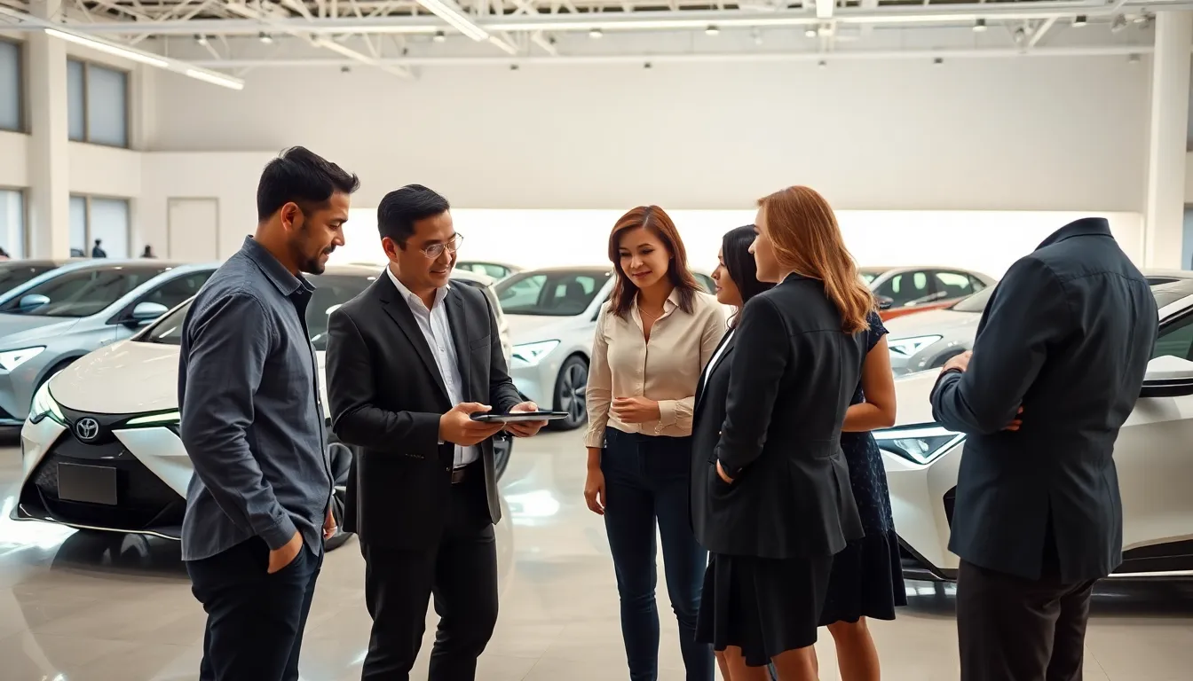 diverse professionals discussing Toyota's electric vehicles in a modern design studio.