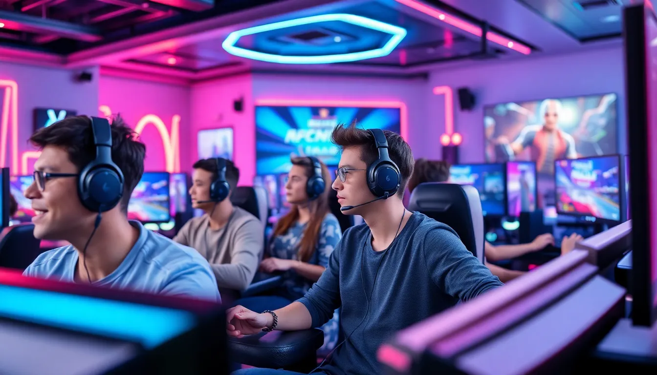 diverse gamers playing anticipated racing games in a modern gaming lounge.