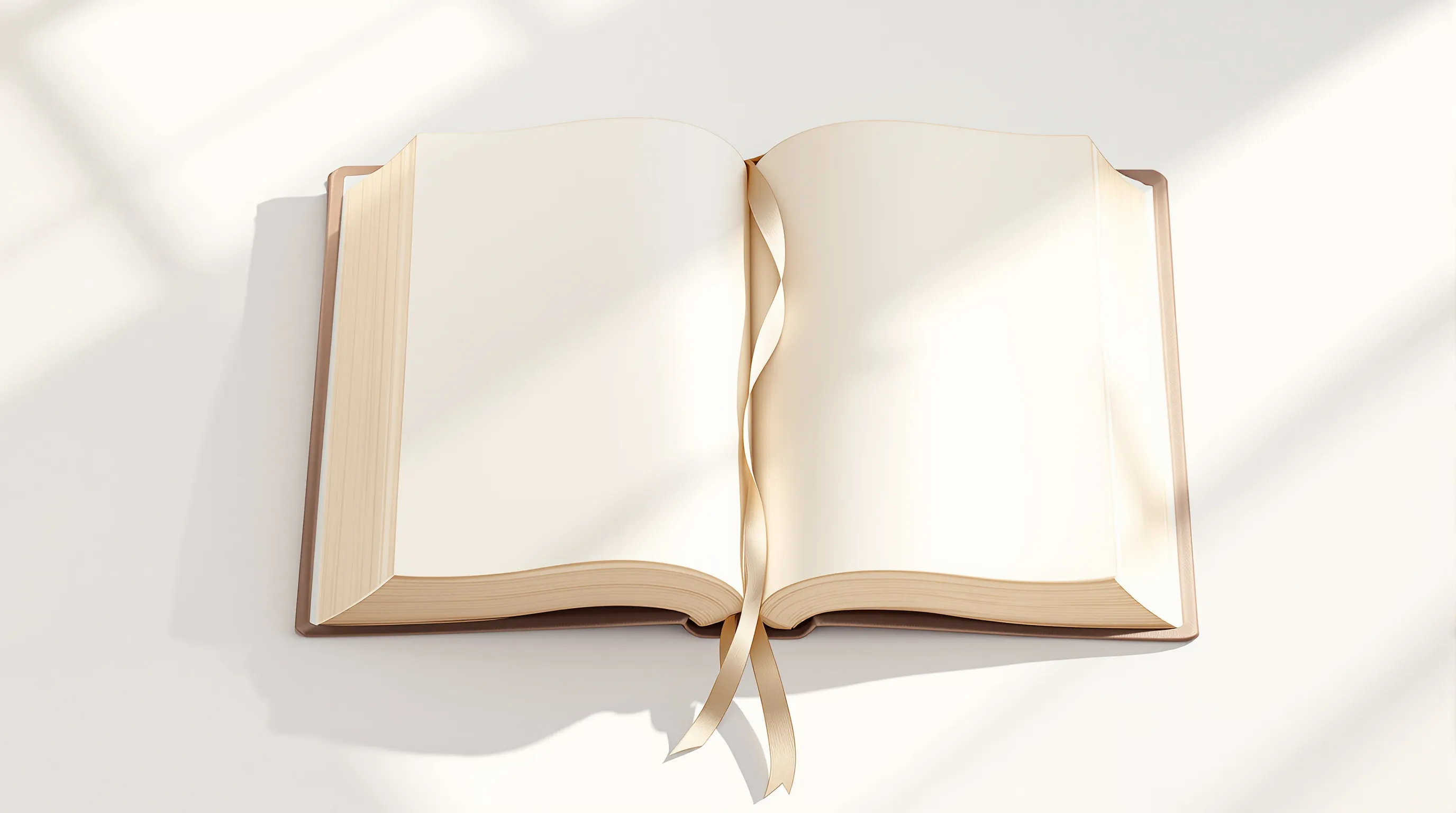 An open book with blank pages on a clean white background.