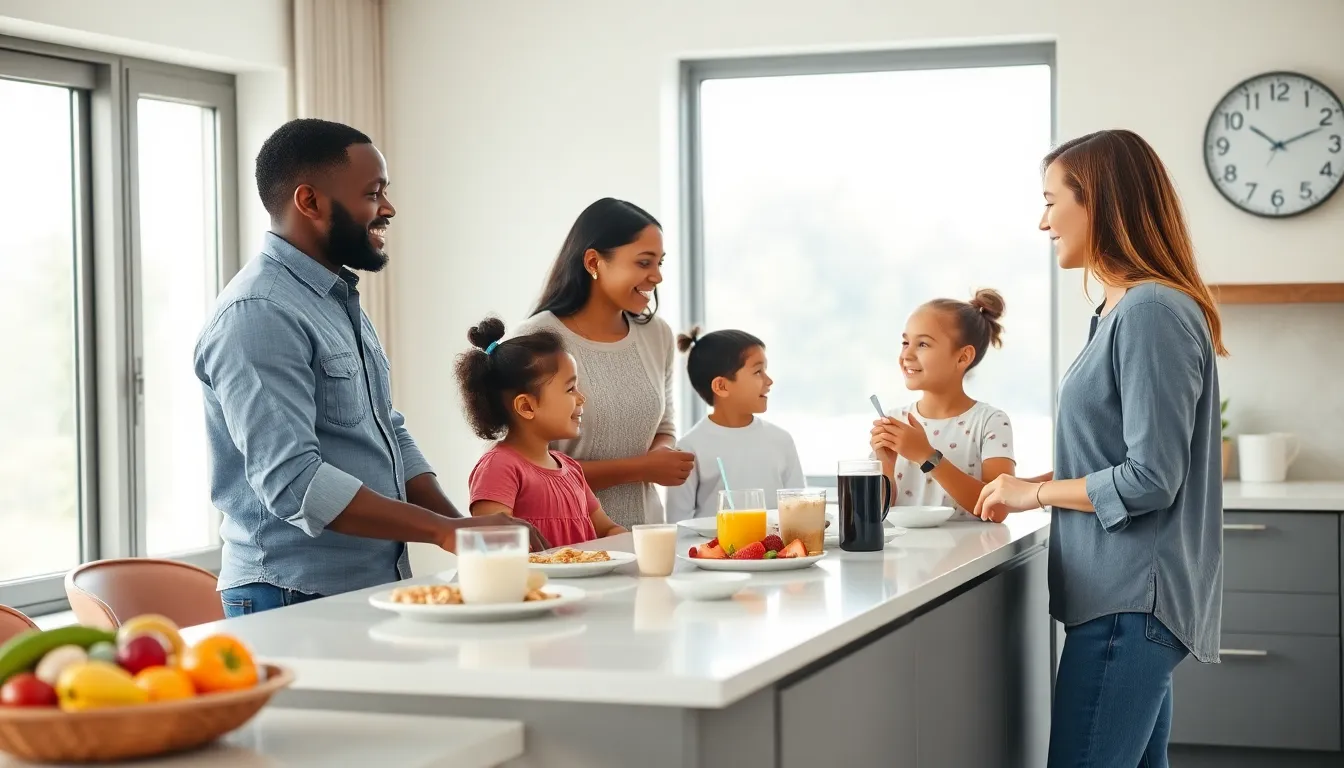 family sharing breakfast in a bright kitchen, illustrating daily routine.