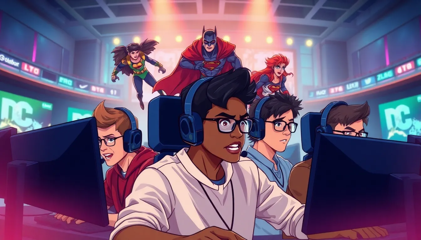 diverse esports team competing in a MOBA gaming arena.