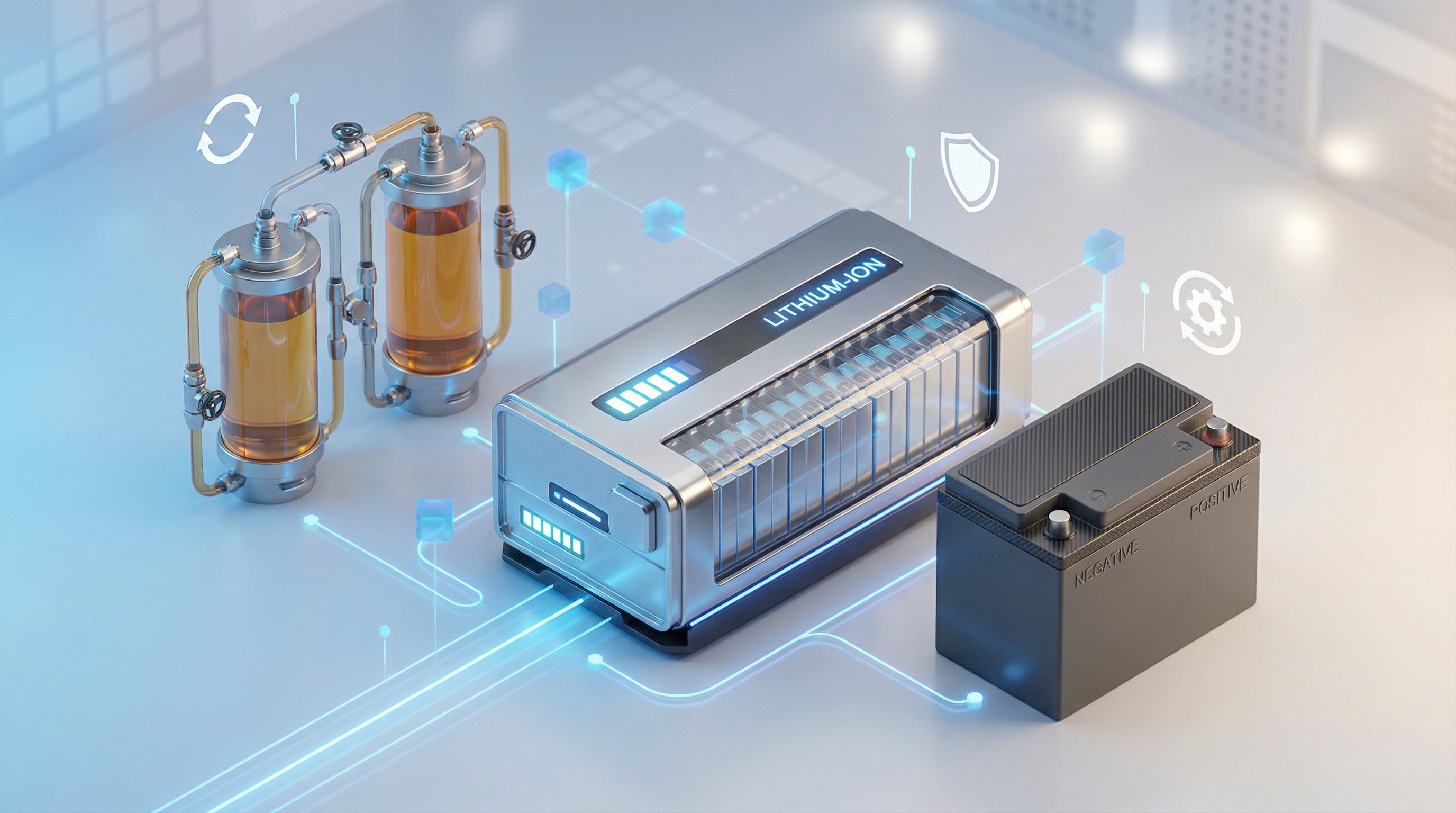 3D render of three energy storage battery types in a modern studio setting.