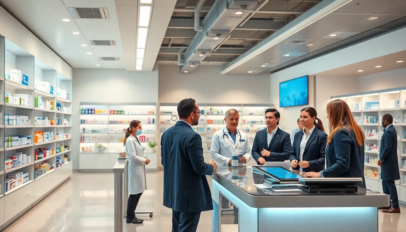 diverse pharmacists assisting a customer in a modern pharmacy setting.