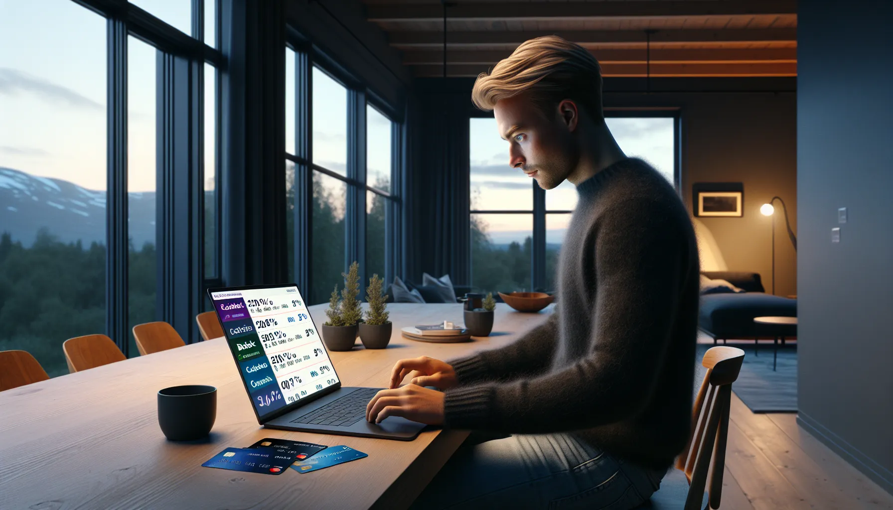 Norwegian man compares credit cards and cashback options on his laptop at home.