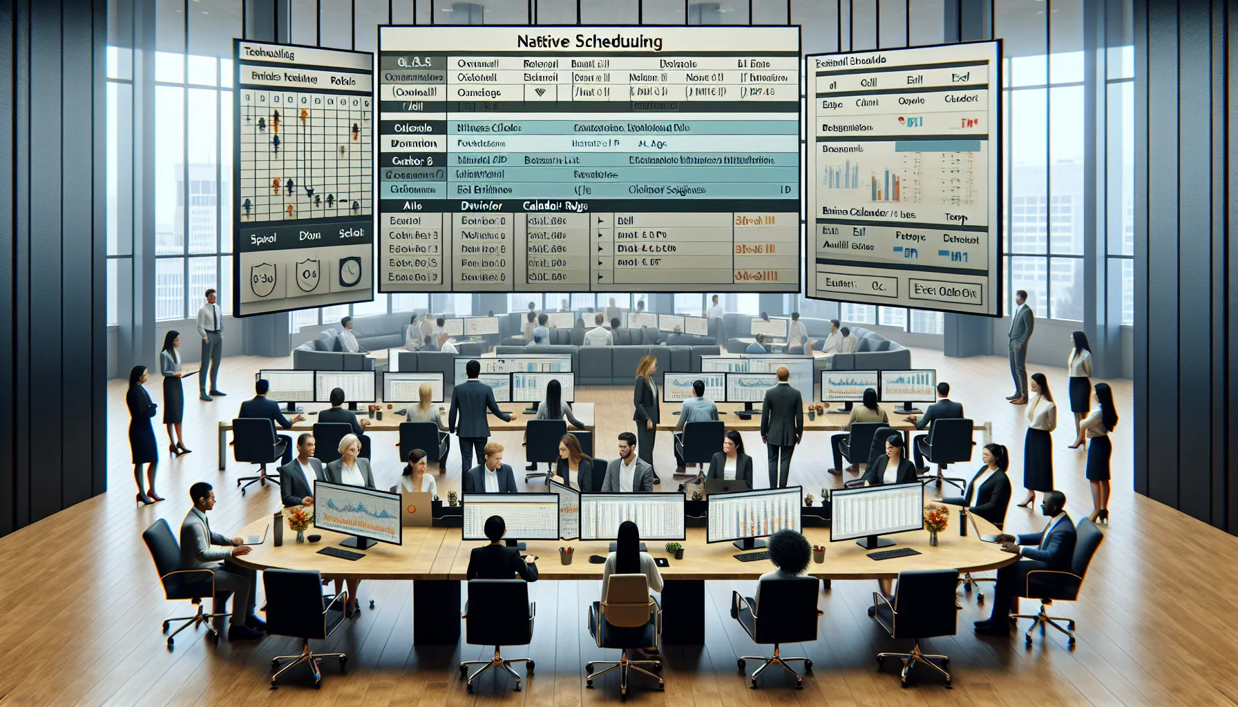 Professionals managing scheduled Tableau email and Excel report deliveries in a modern office.