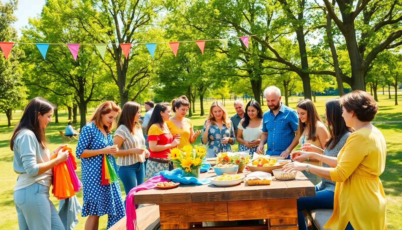 diverse group enjoying a DIY thrifty event in a park.