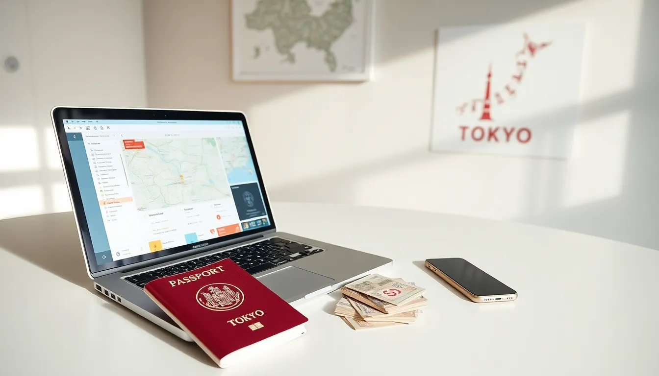 modern workspace with travel planning items for a Tokyo trip.