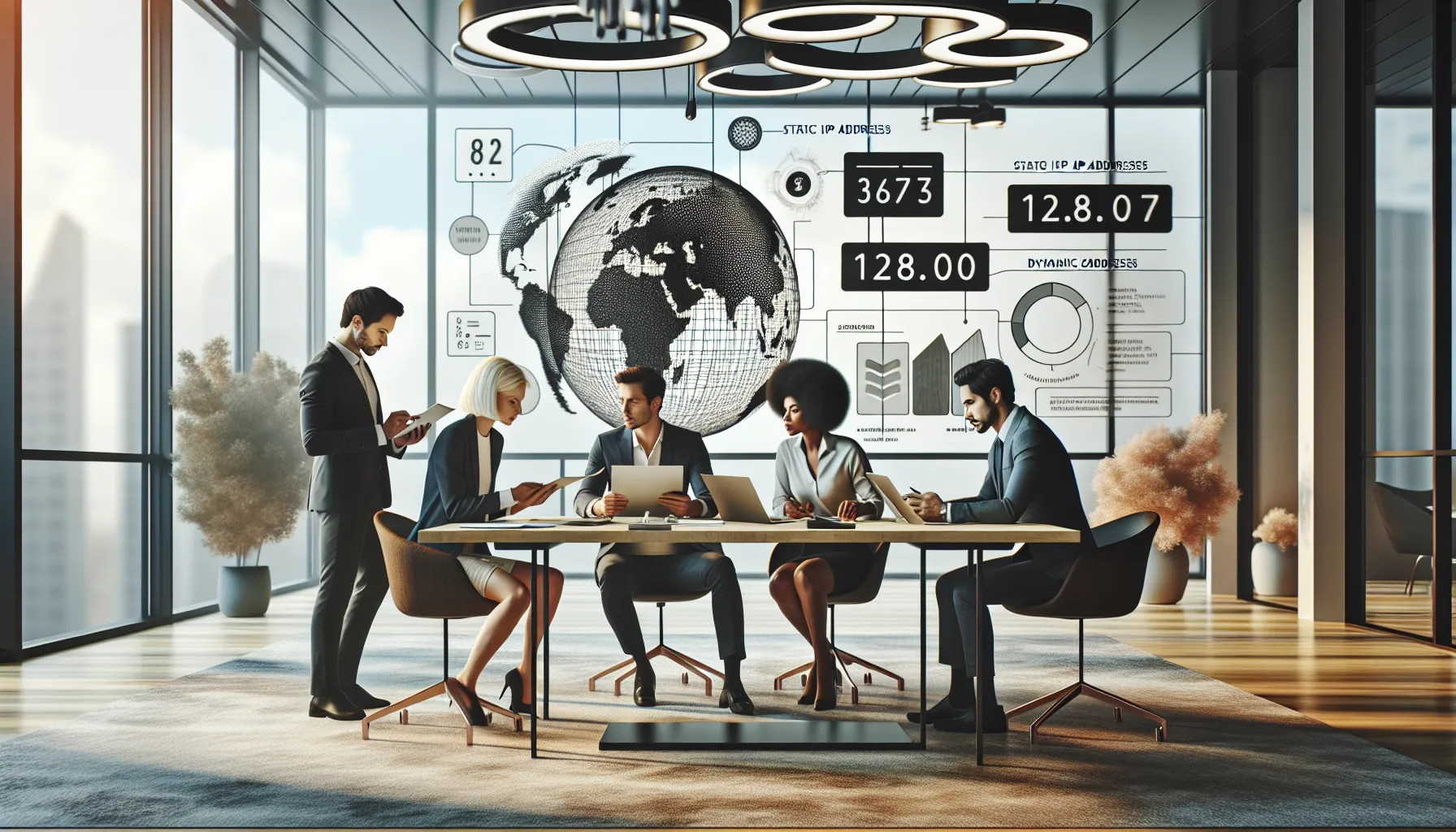professionals discussing IP address concepts in a modern office.