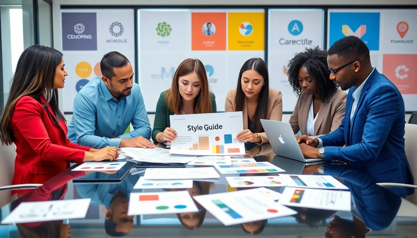 professionals reviewing a style guide in a modern office.