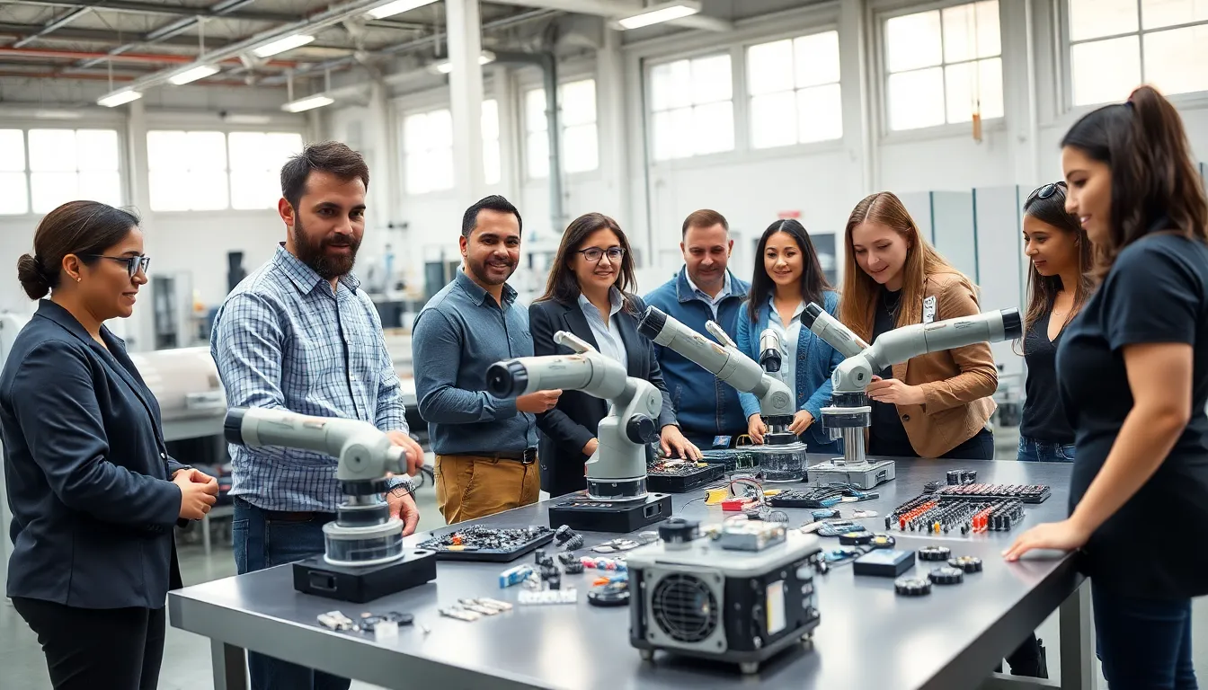 diverse team collaborating on product assembly in a modern manufacturing setting.
