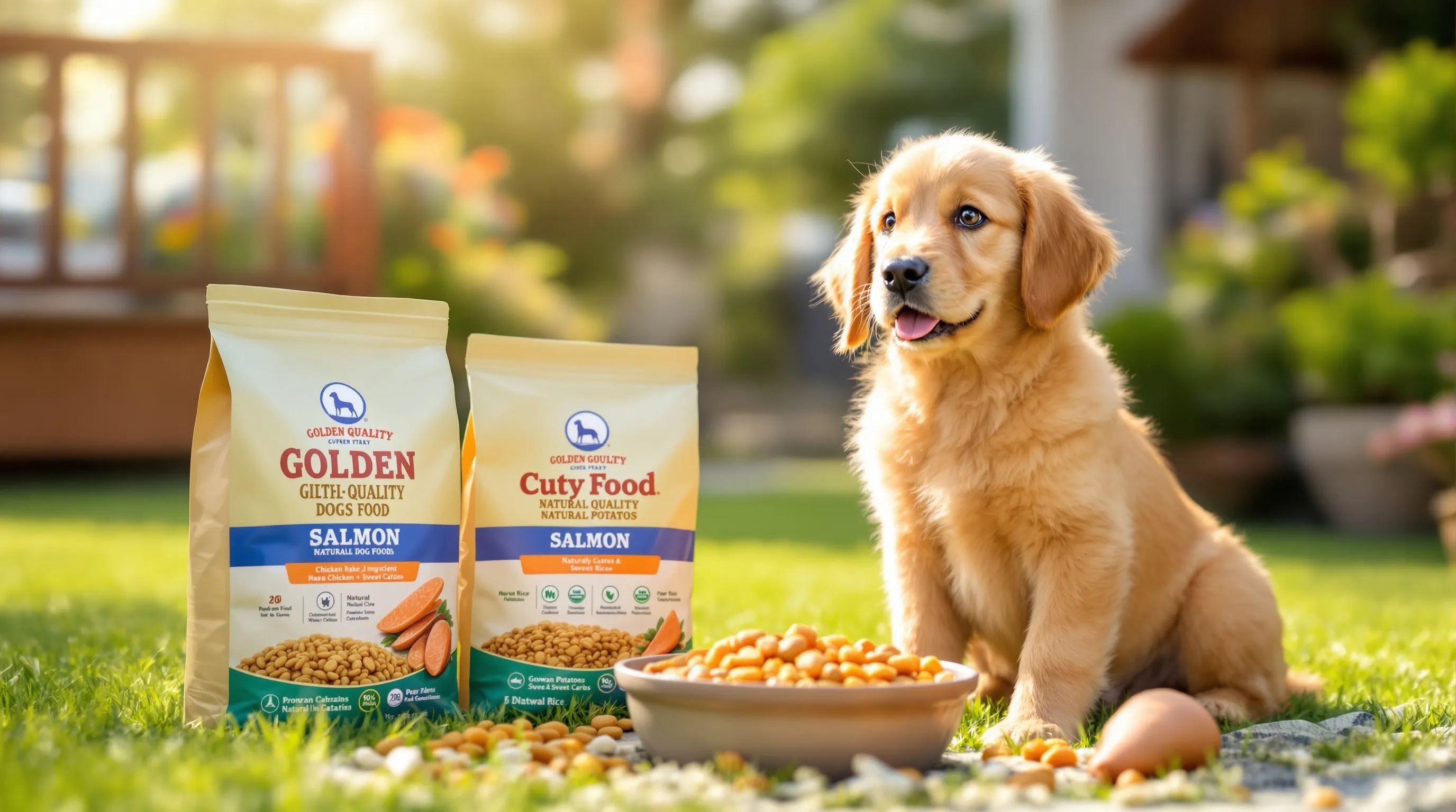 A golden retriever puppy looking at a bowl of popular dog foods.
