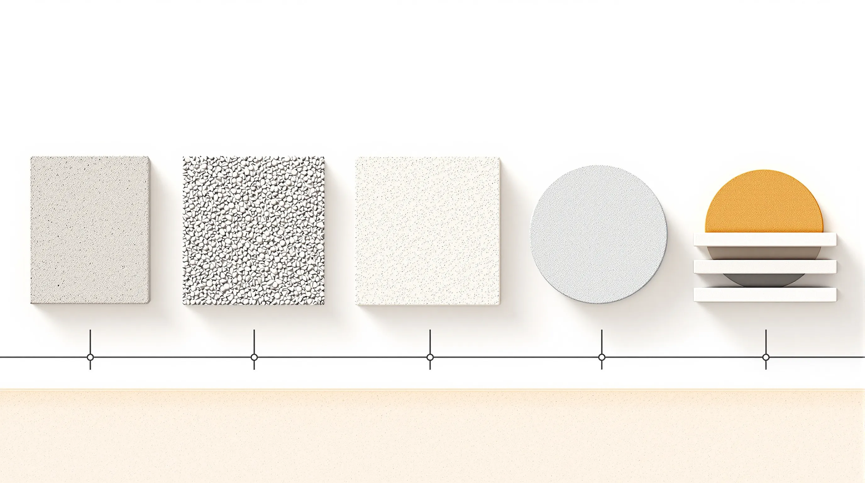 Five geometric shapes representing different types of screed materials in minimalist style.